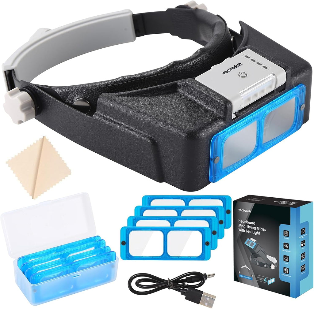 YOCTOSUN Rechargeable Headband Magnifier with Light, Hands-Free 4 Lenses 1.5X-3.5X

