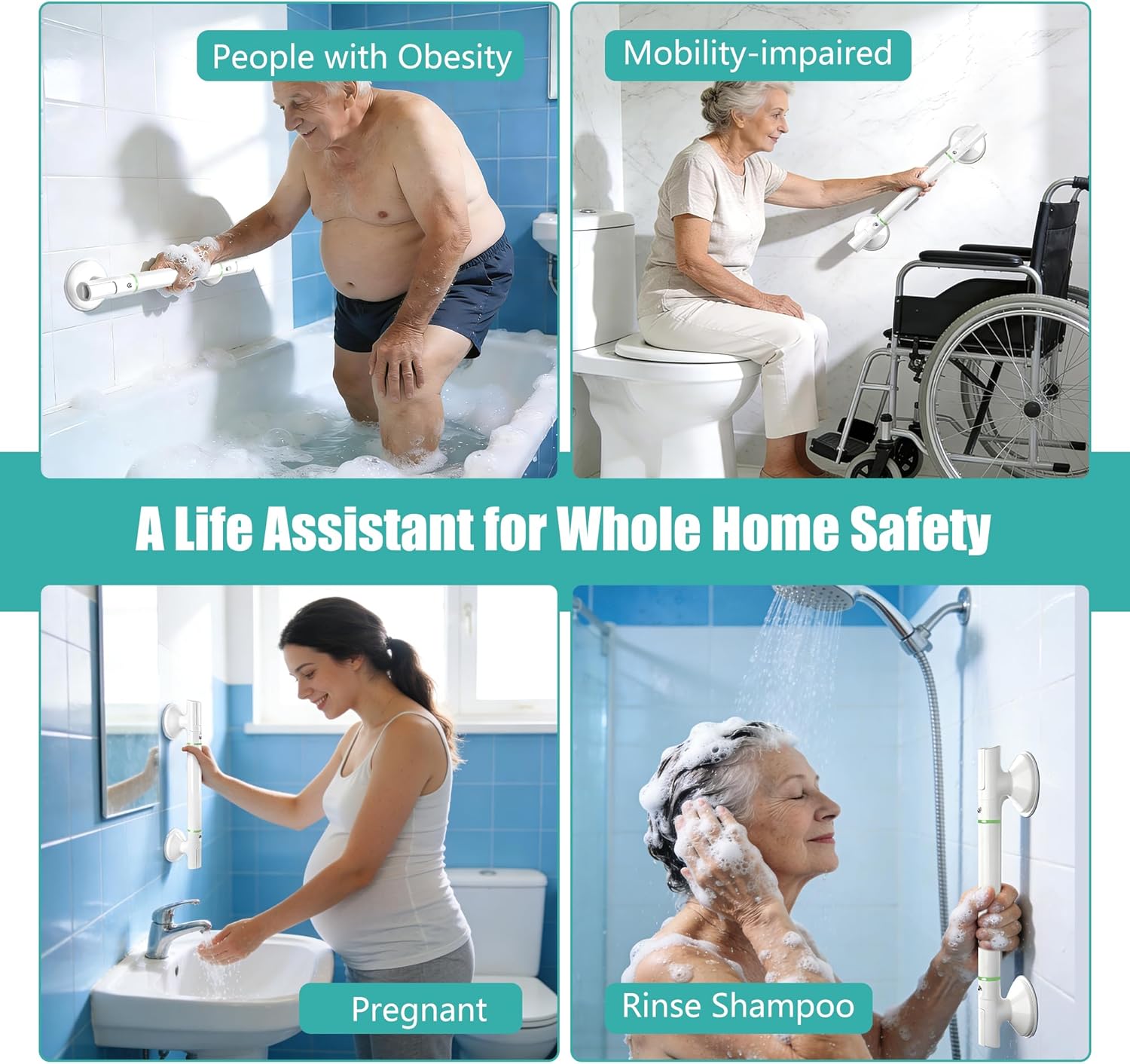 No-Drill Suction Shower Grab Bar for Seniors, Non-Slip Bathroom Safety Handle

