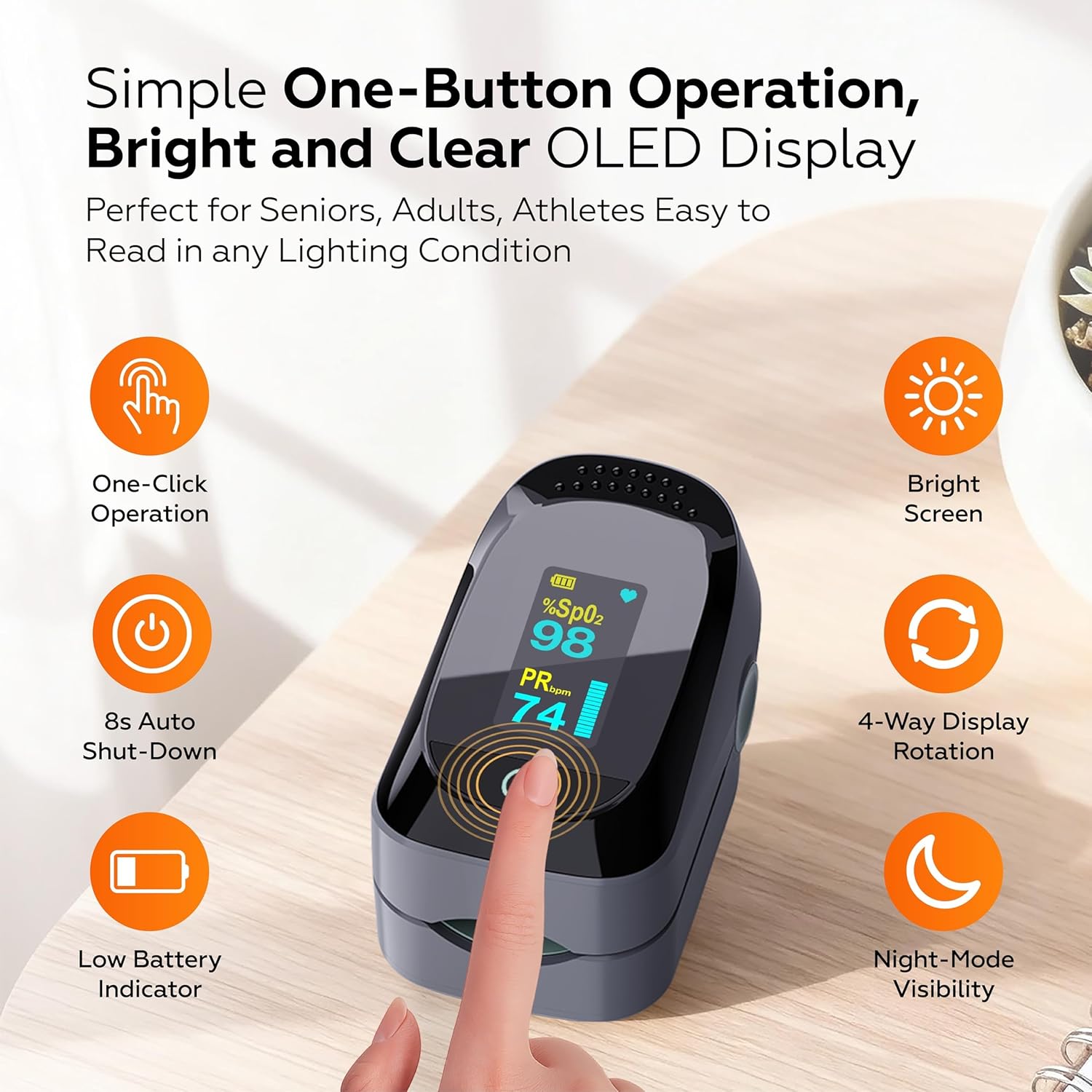 SimpliCare Fingertip Pulse Oximeter, SpO2 O2 Monitor with Heart Rate and PI OLED


