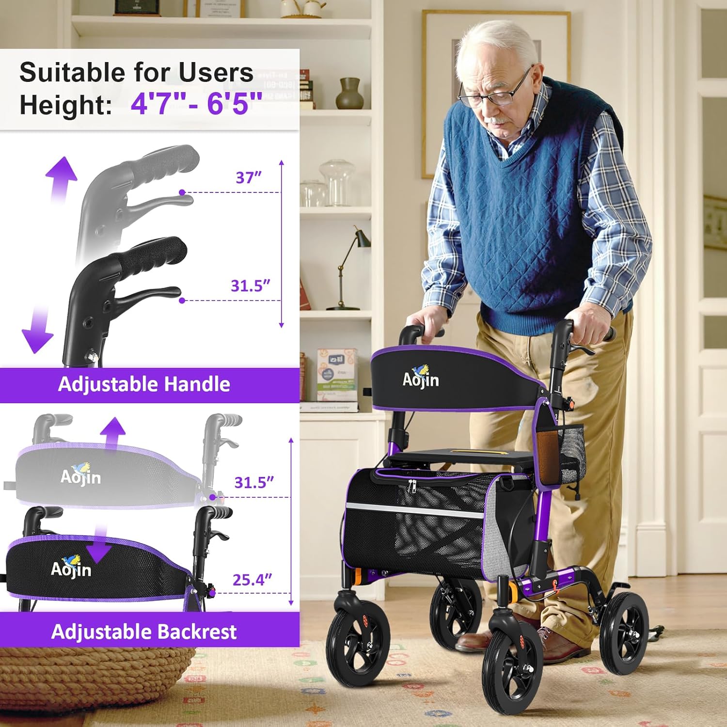 Aojin Rollator Walker with Seat, 350 lb Capacity, 6-Level Height, 8" All-Terrain Wheels

