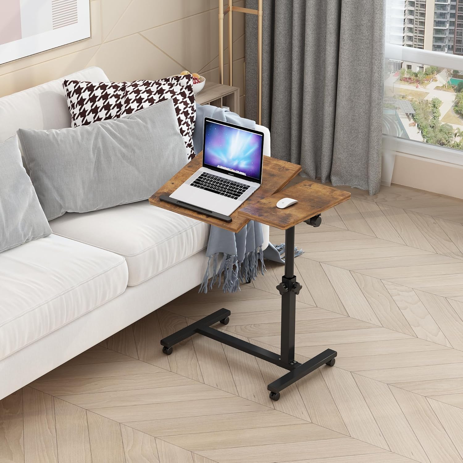 TigerDad Adjustable Overbed Table with Wheels, Rolling Bed Laptop Desk

