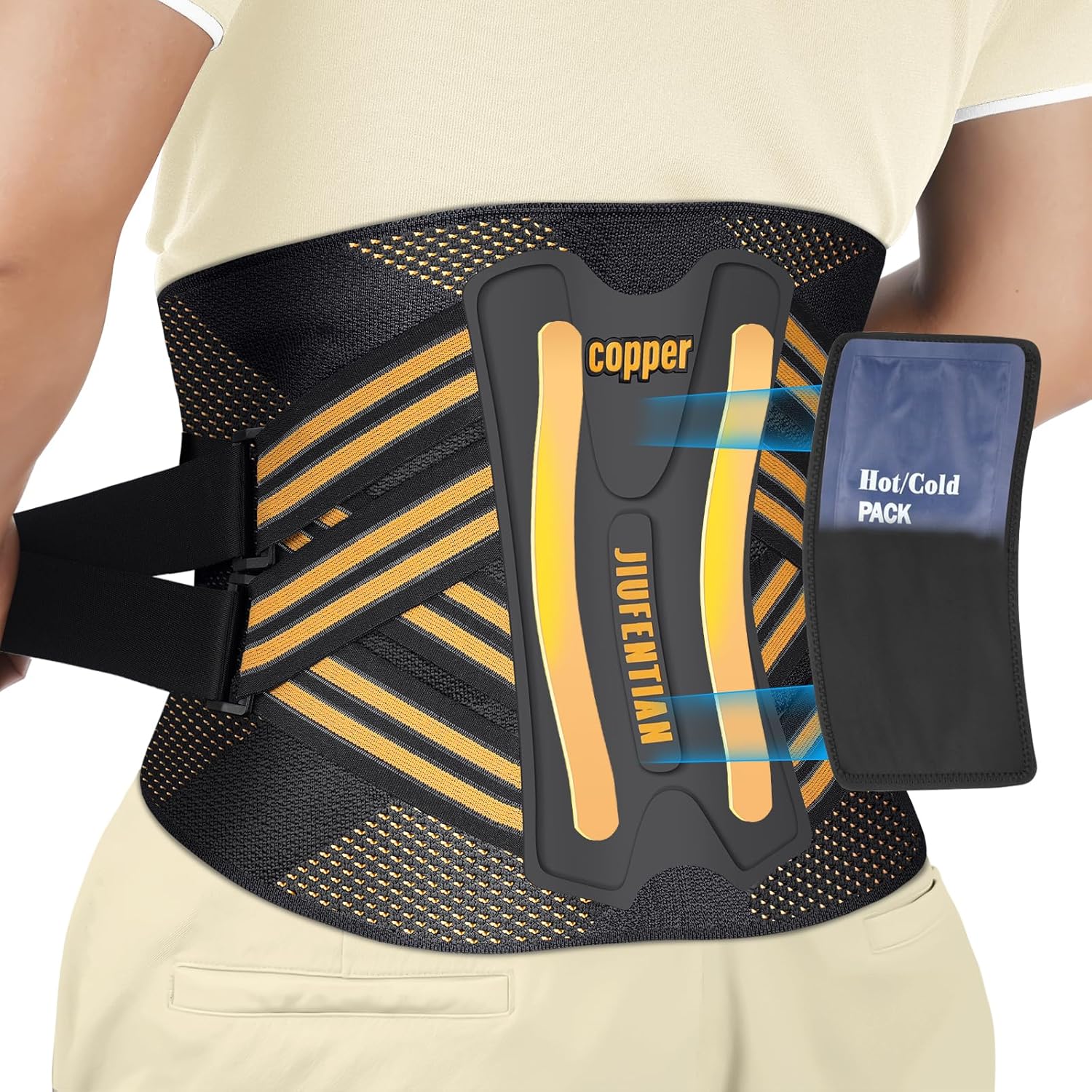 JIUFENTIAN Copper Lower Back Brace with Removable Dual Spine Rods & Therapy Pocket

