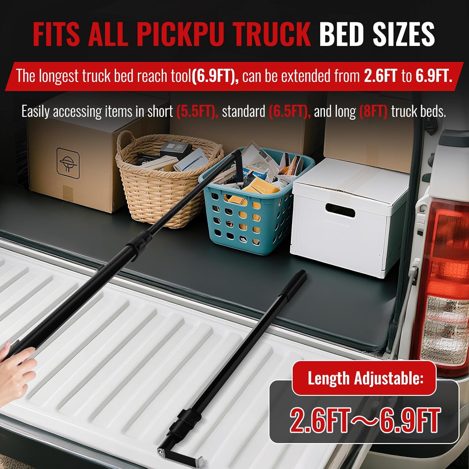 6.9 ft Telescoping Magnetic Truck Bed Grabber Tool with 2 Hooks and Mount Plate

