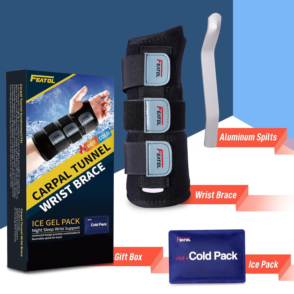 FEATOL Wrist Brace for Carpal Tunnel, Night Support Splint with Removable Ice Pack


