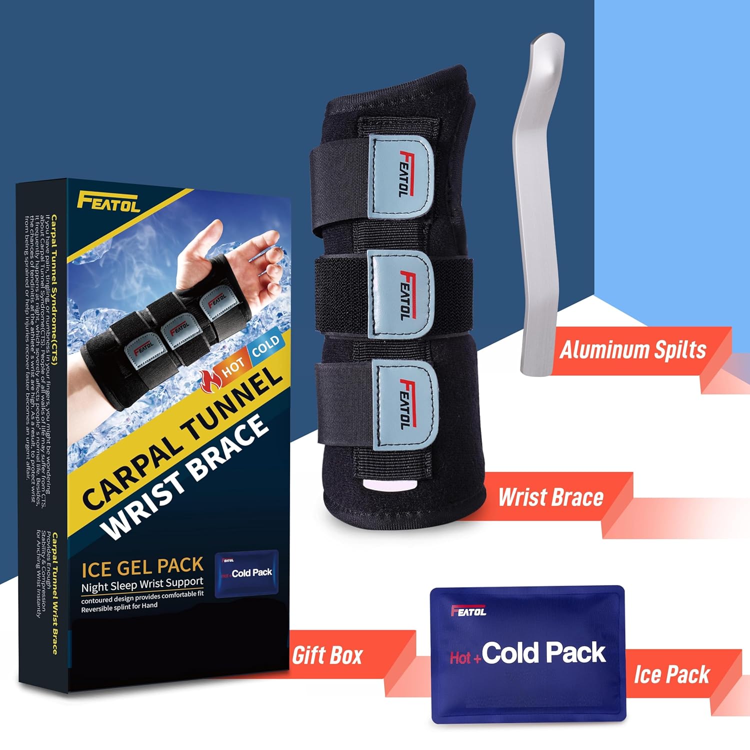 FEATOL Wrist Brace for Carpal Tunnel, Night Support Splint with Removable Ice Pack

