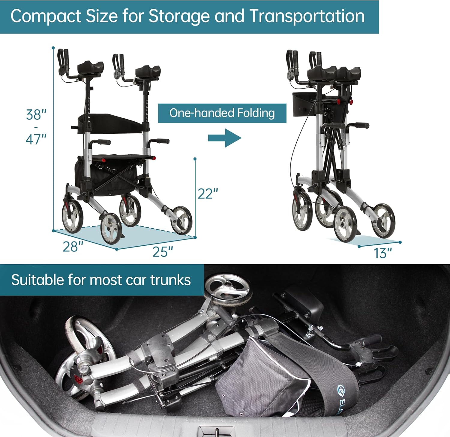 ELENKER Upright Walker Rollator with Folding Seat Backrest and 10 in Wheels

