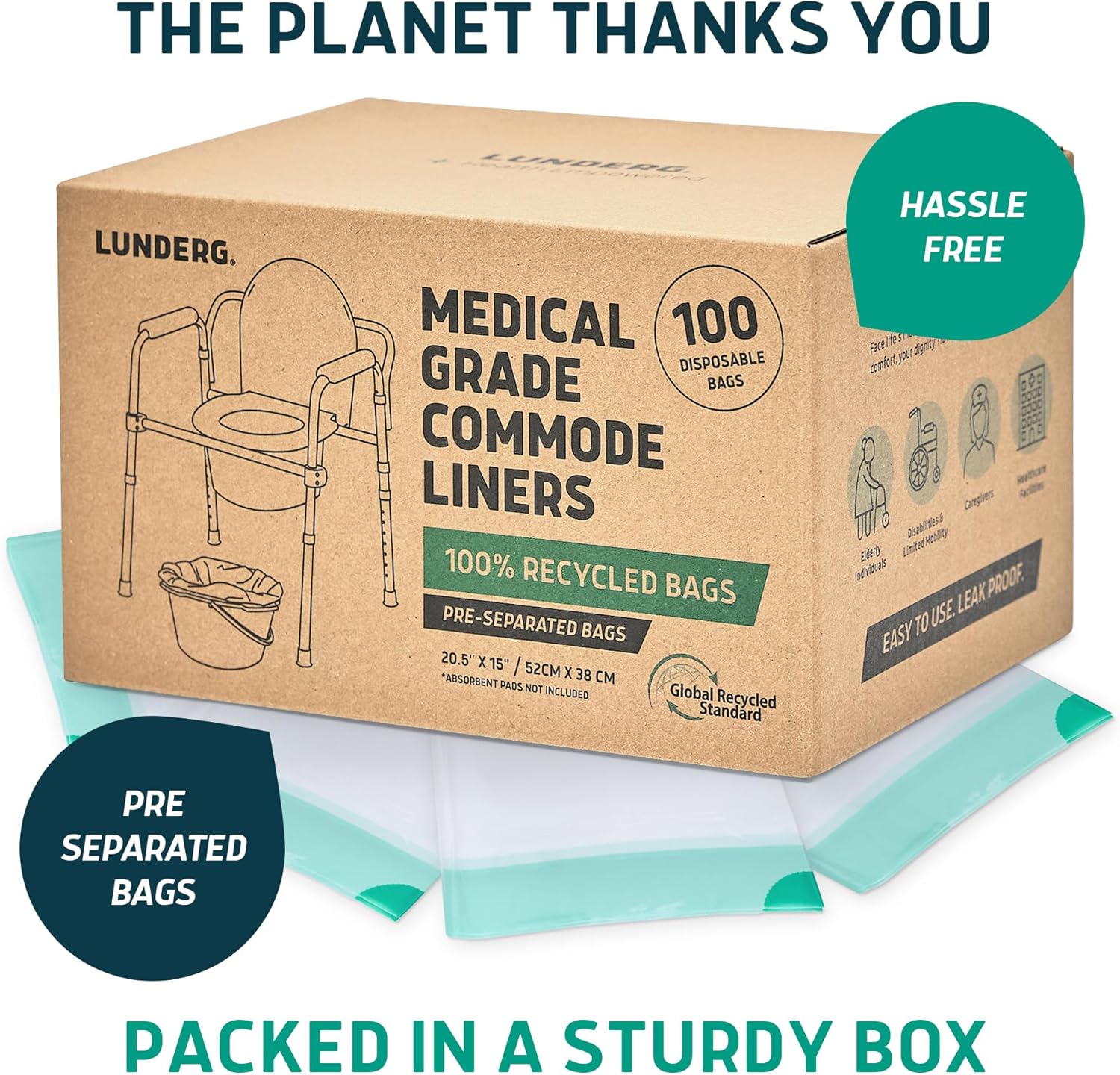 Lunderg Commode Liners Disposable Bedside Toilet Bags, Medical-Grade Portable Waste


