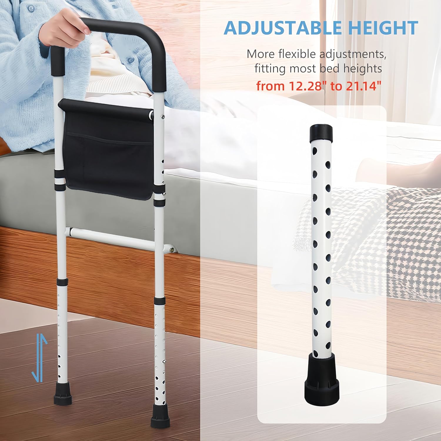 BOLESHU Adjustable Bed Assist Rail for Seniors with Support Legs and Storage Pocket

