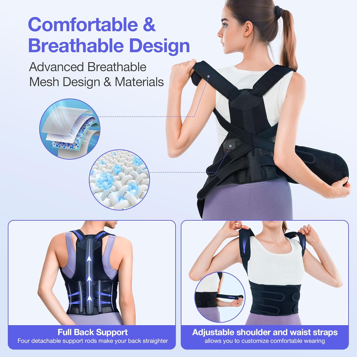 Kepwaa Posture Corrector Back Brace for Upper Back and Lumbar, Adjustable Shoulder Straps

