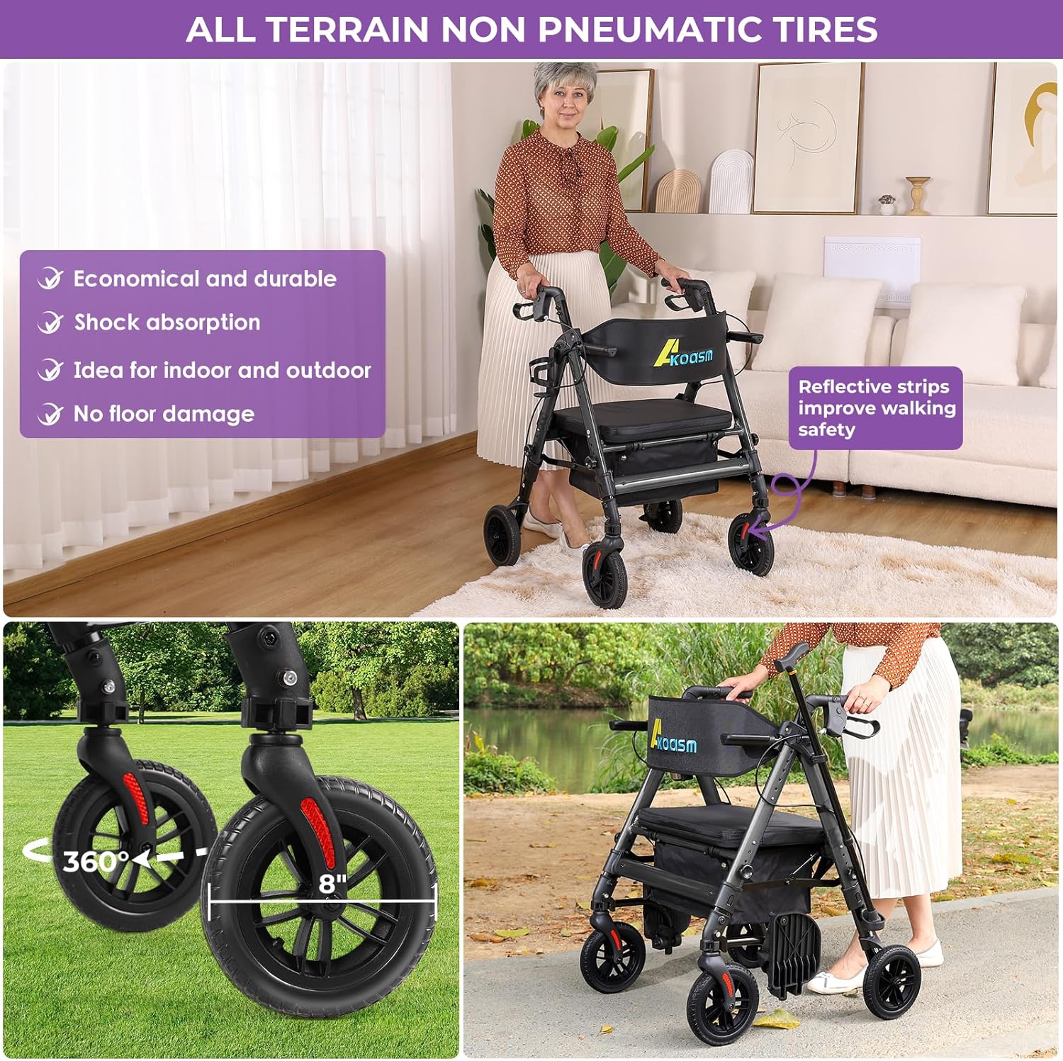 Akoasm Heavy Duty Rollator Walker with Seat, Foldable 2-in-1 Wheelchair Combo

