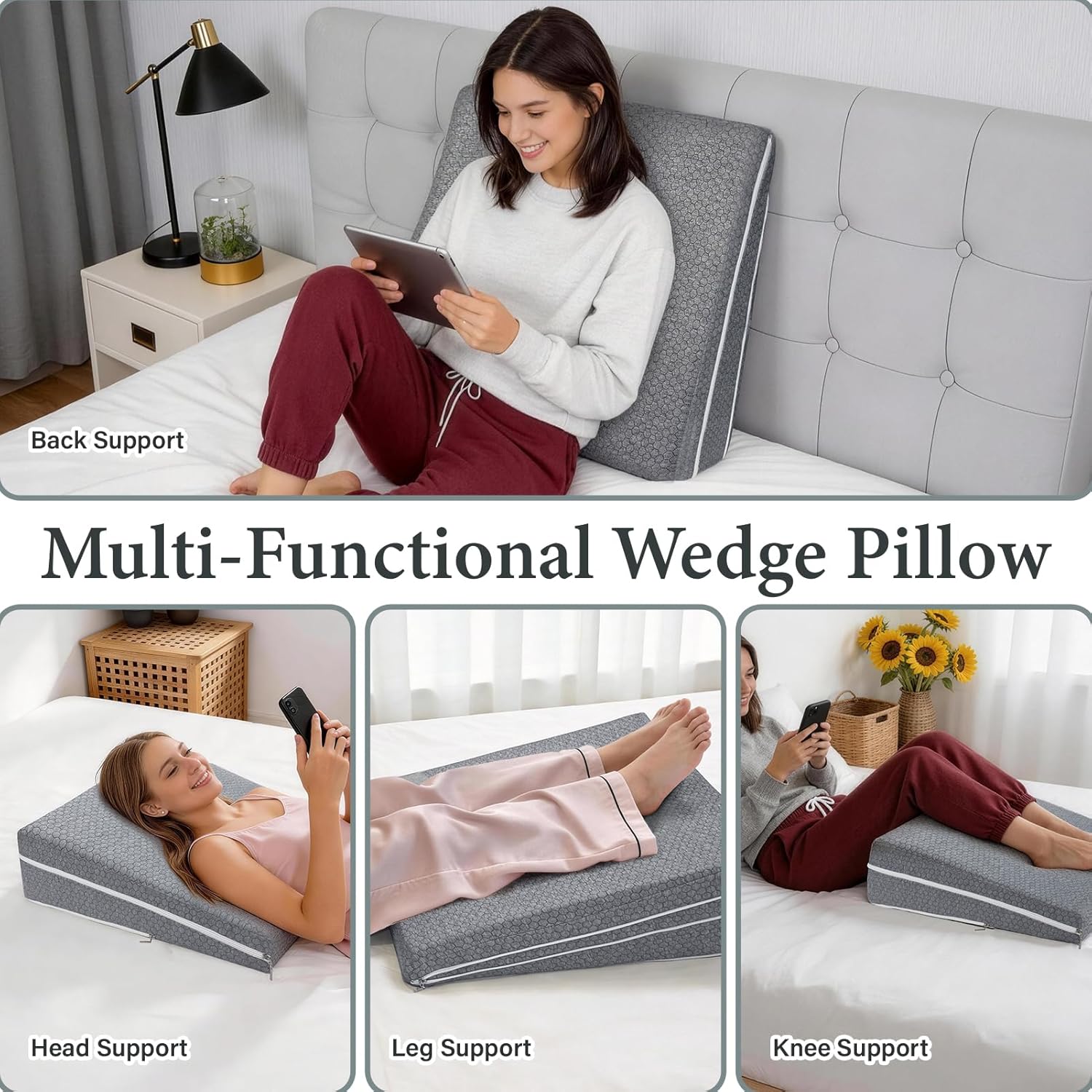Adjustable Bed Wedge Pillow for Sleep Apnea, GERD, Snoring, Leg and Back Pain

