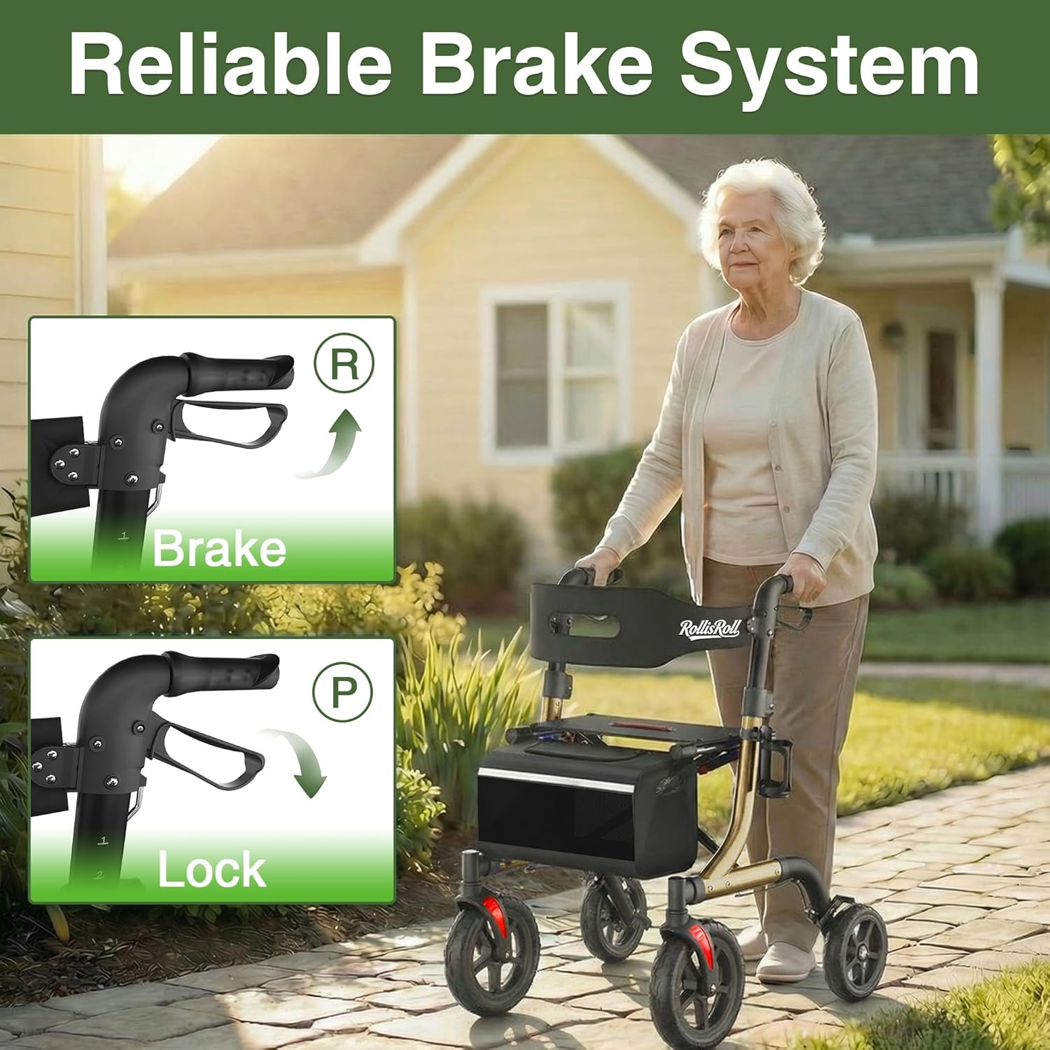 RollisRoll Rollator Walker with Seat, Foldable 4-Wheel, 10" All-Terrain Rubber Wheels

