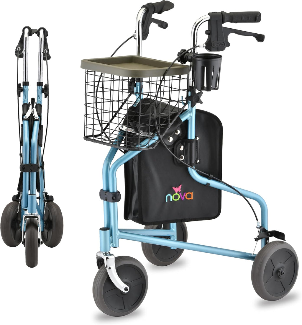 NOVA Traveler Folding 3-Wheel Walker with Tray Basket Pouch and Cup Holder

