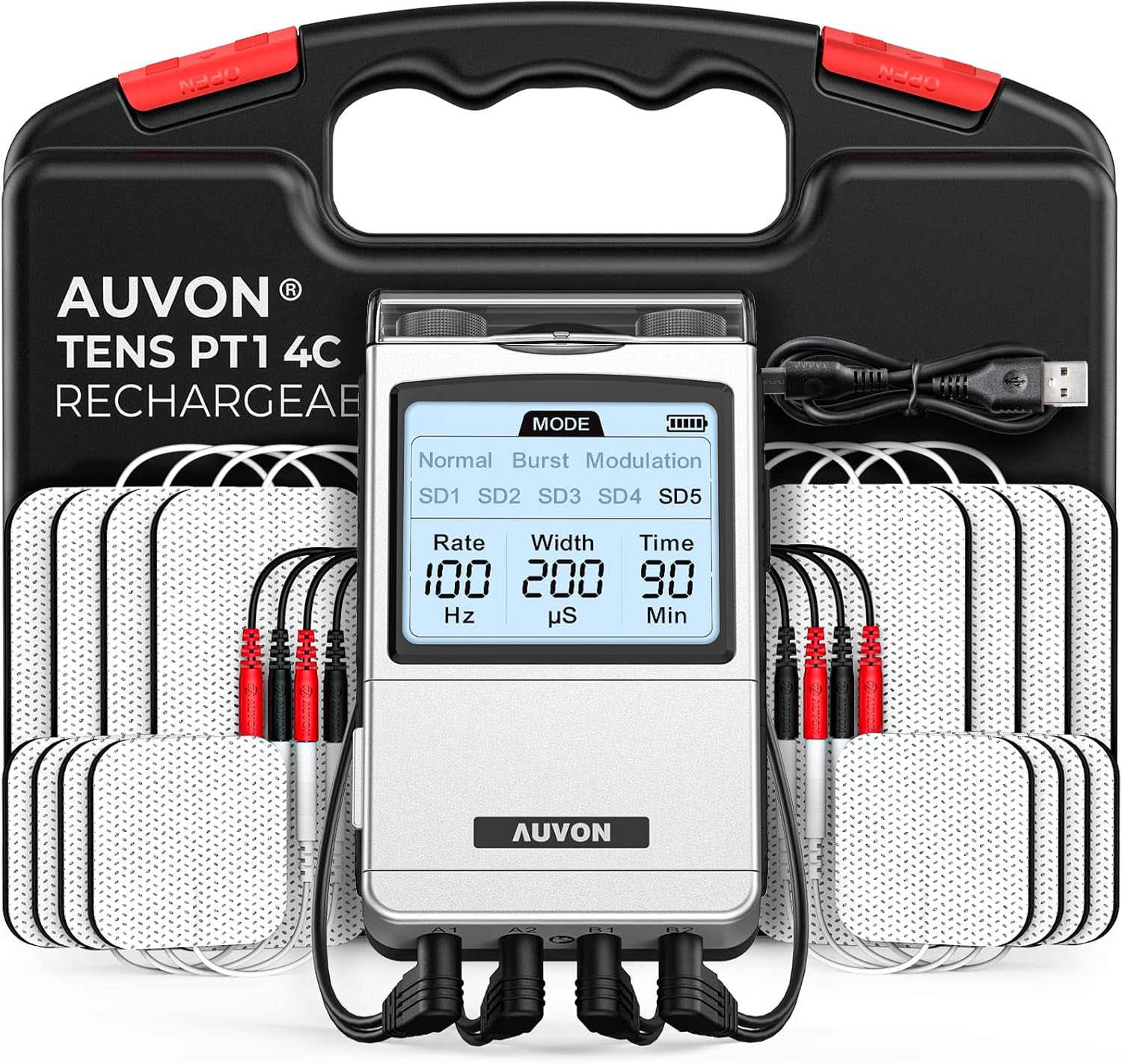 AUVON Rechargeable 4-Channel TENS Unit Muscle Stimulator with 16 Pads, Digital

