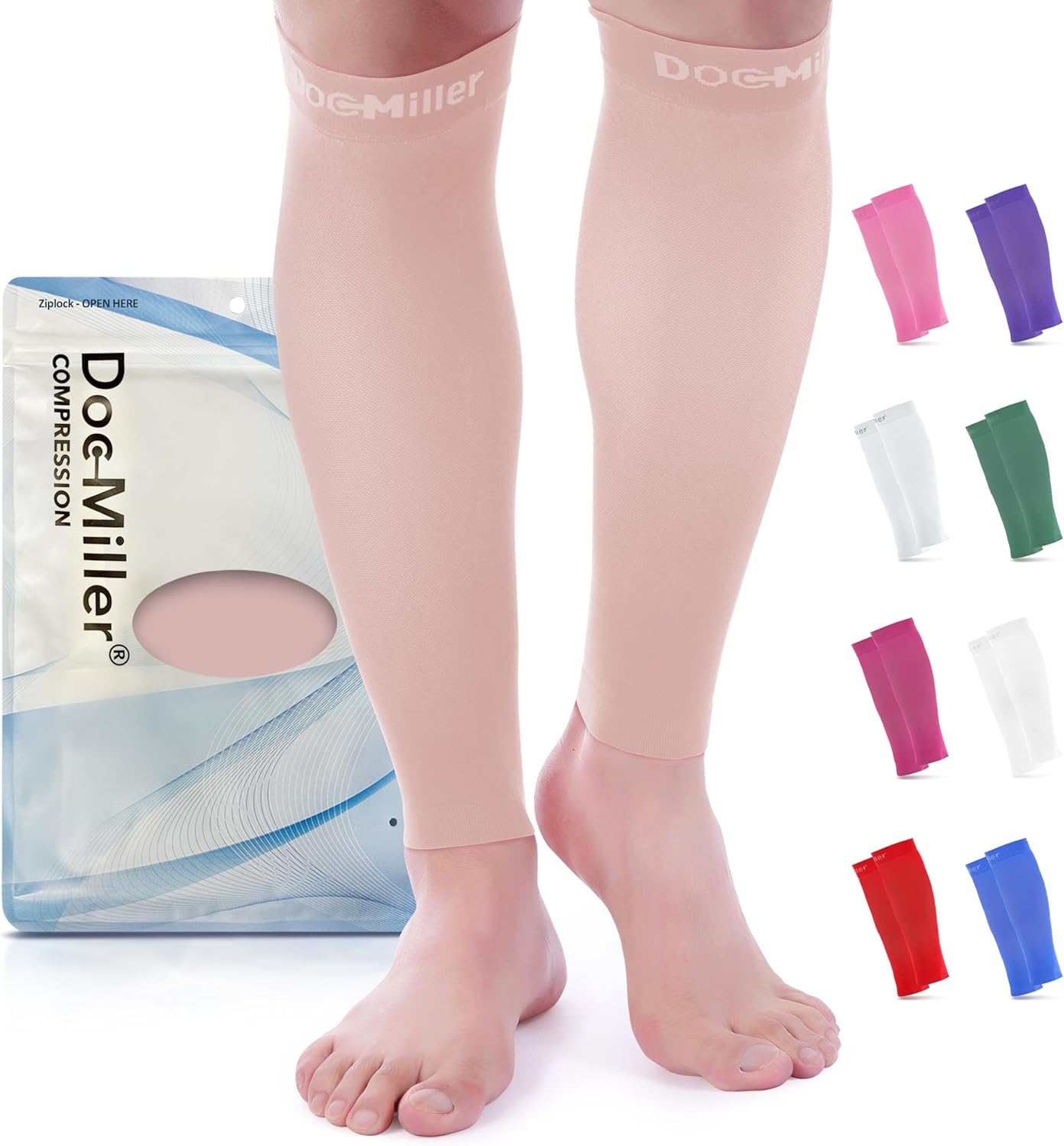 Doc Miller Compression Calf Sleeve, 15-20mmHg Graduated Support, Knee High, Pair


