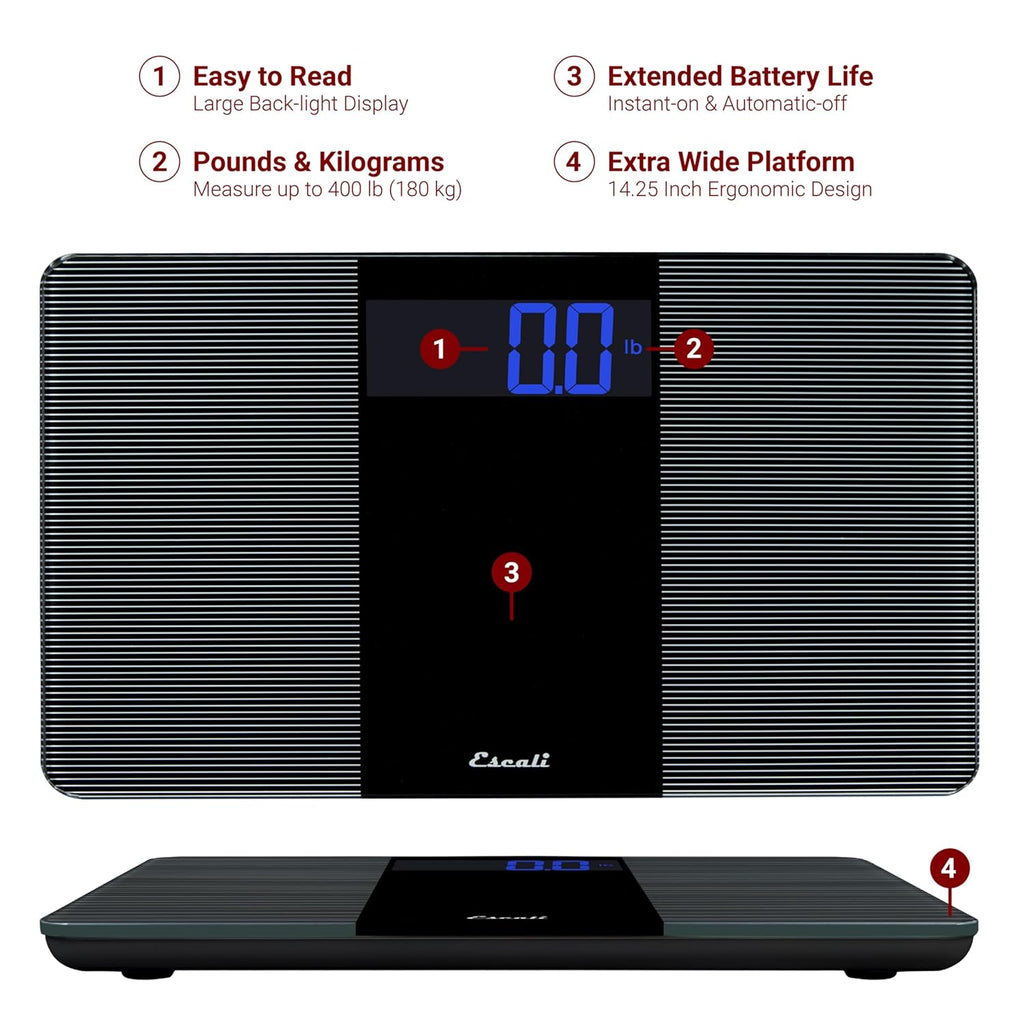 Escali Digital Bathroom Scale for Body Weight, Large Display, 400 lb Capacity


