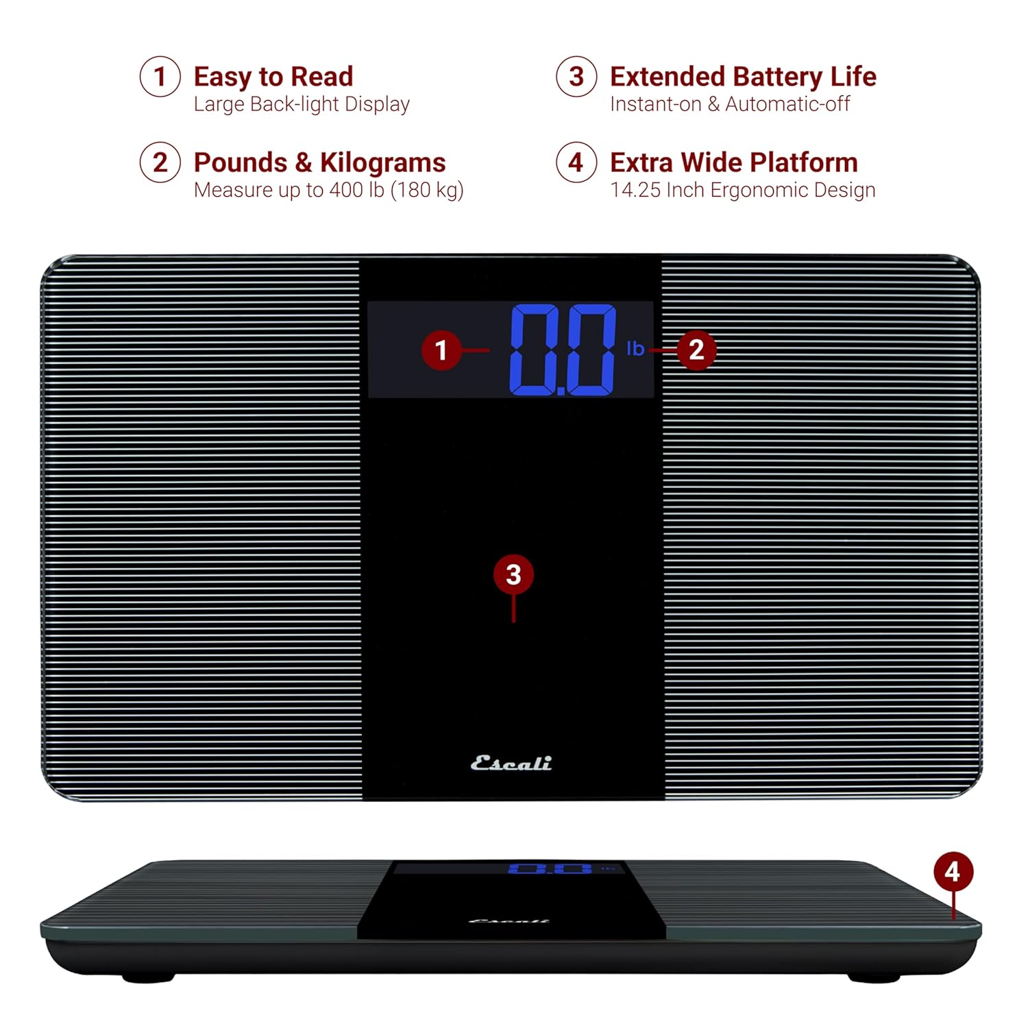 Escali Digital Bathroom Scale for Body Weight, Large Display, 400 lb Capacity

