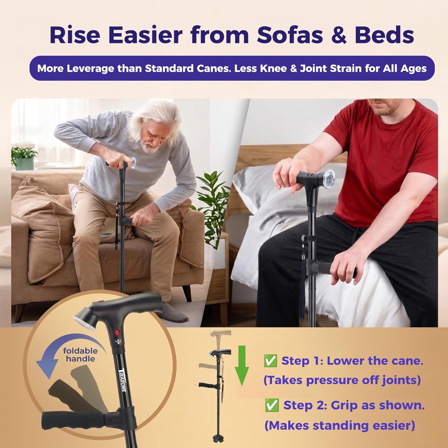 TIRAROME 3-in-1 Folding Walking Cane with SOS Alarm and LED Light, Adjustable

