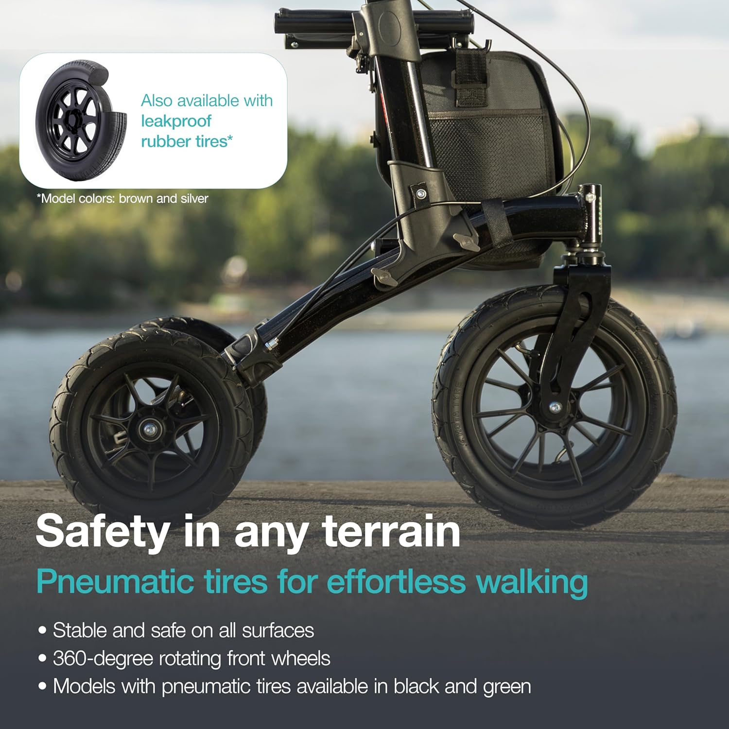 Helavo All Terrain Rollator Walker with Pneumatic Tires, Seat, Foldable


