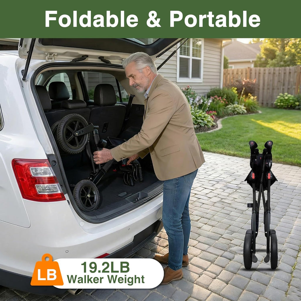 Rollator Walker with Seat for Seniors, Foldable 4 Wheel All-Terrain

