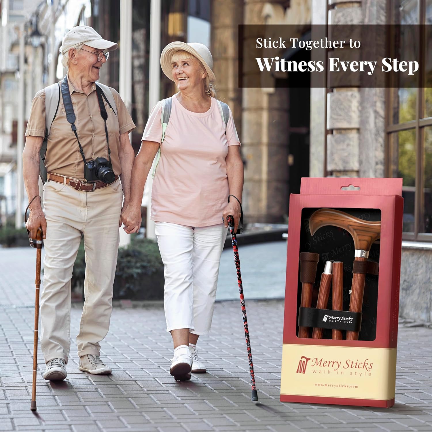 Merry Sticks Lightweight Foldable Walking Cane, Adjustable 4-Section, Wrist Strap

