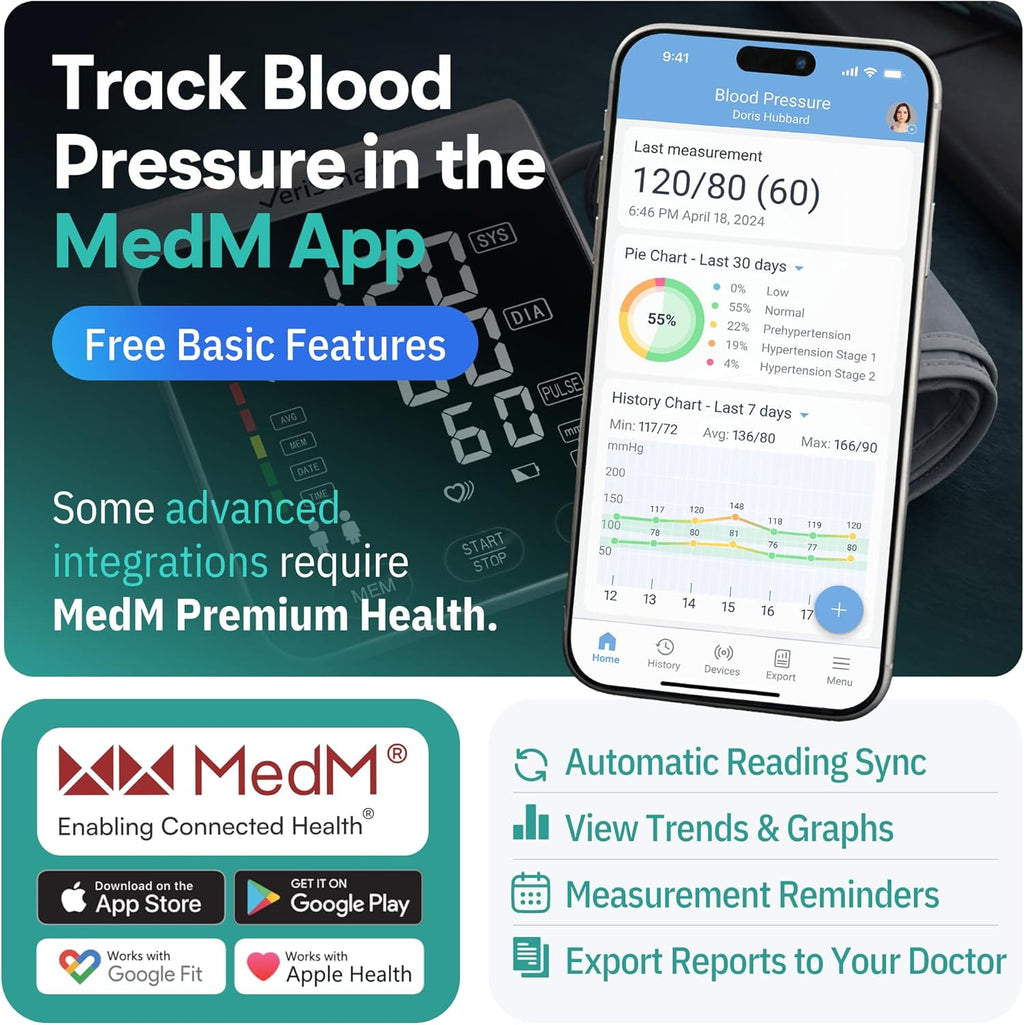 VeriSmart Health Smart Upper Arm Blood Pressure Monitor with Bluetooth, LED Display

