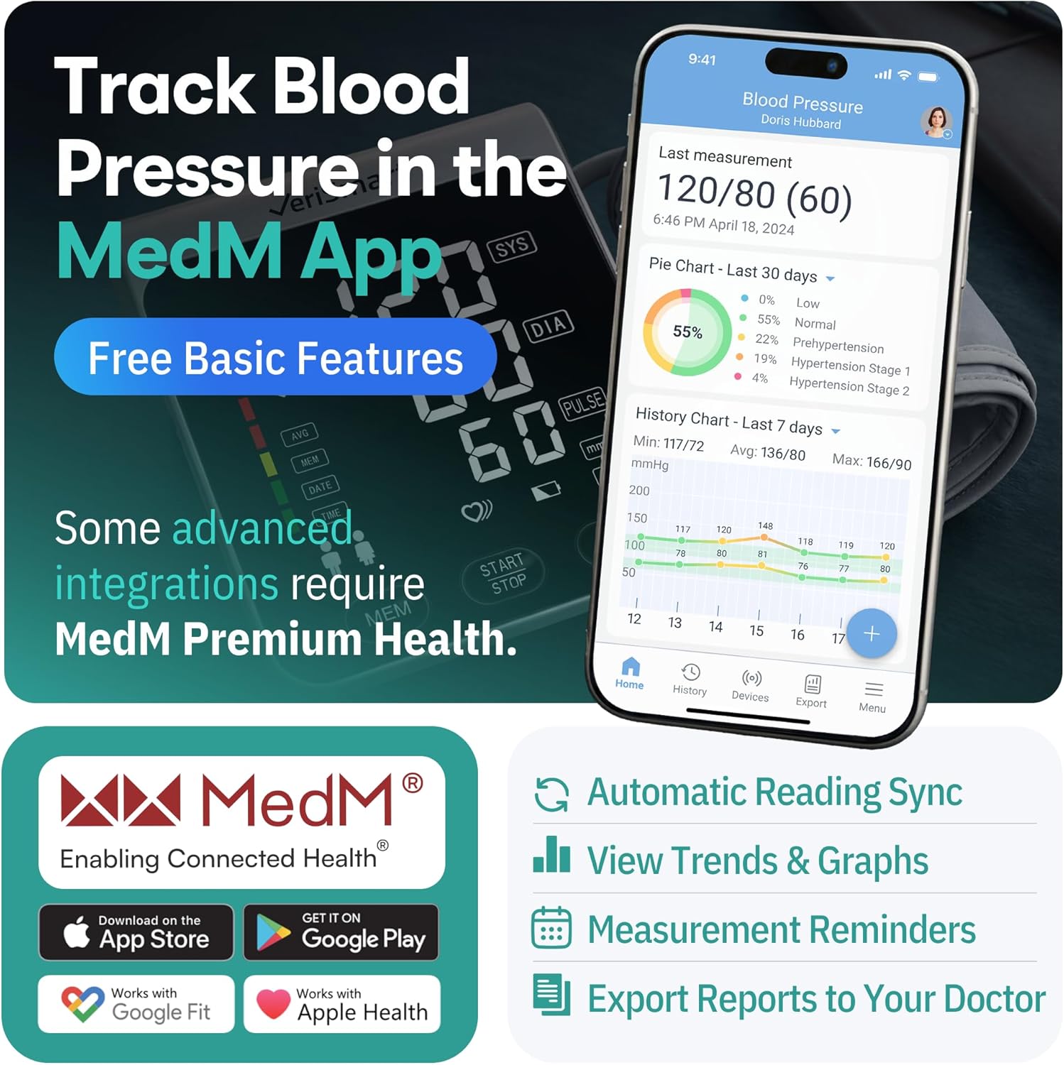 VeriSmart Health Smart Upper Arm Blood Pressure Monitor with Bluetooth, LED Display

