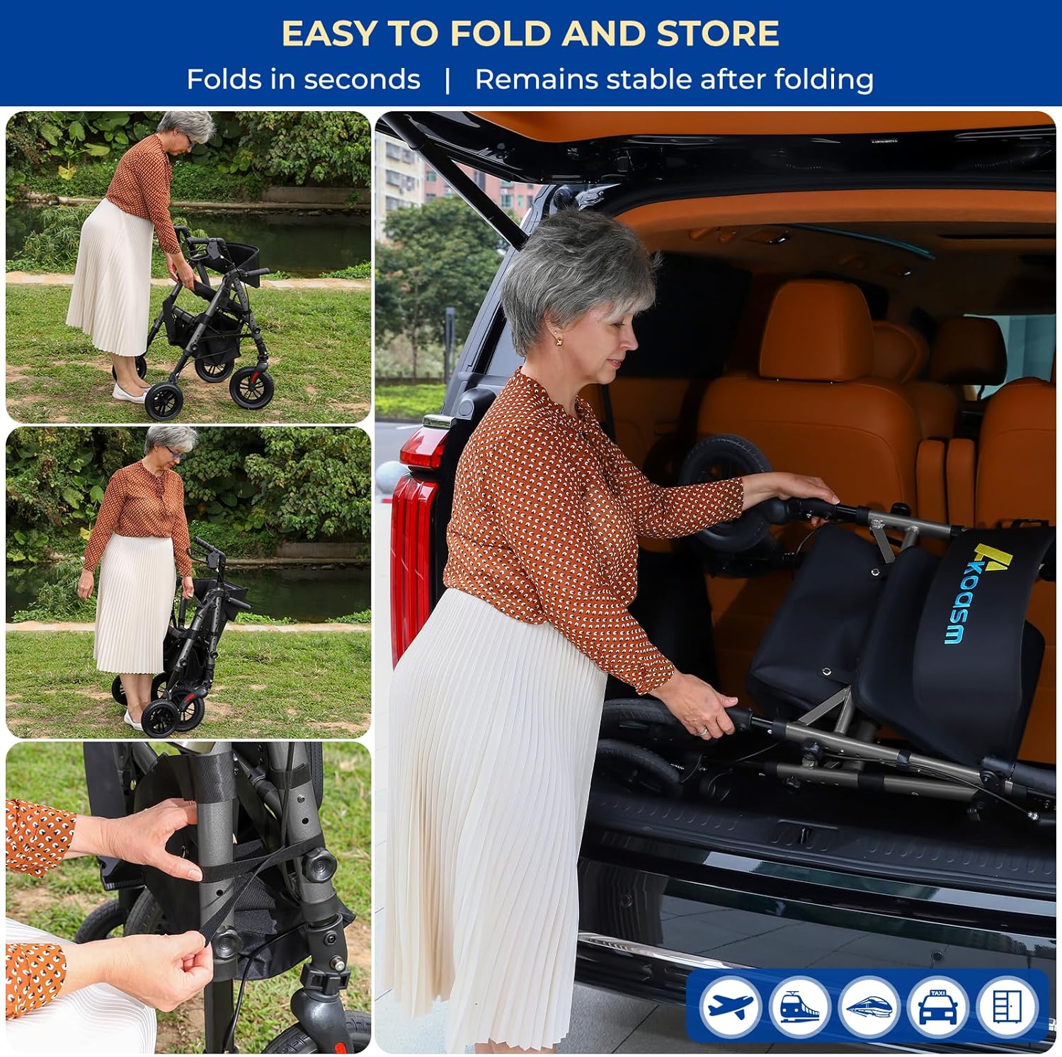 Akoasm Foldable Rollator Walker with Seat, 2-in-1 Wheelchair Combo

