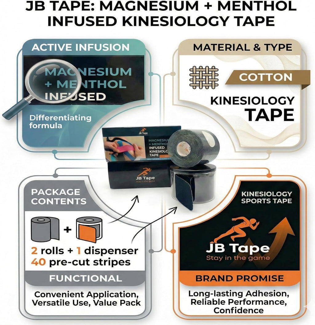 Magnesium & Menthol Infused Kinesiology Tape, Water-Resistant Athletic Muscle Support

