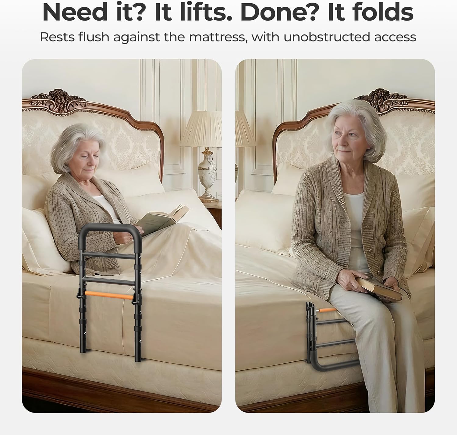 Elderly Bed Assist Rail, Adjustable Height Safety Bed Rails, Tool-Free

