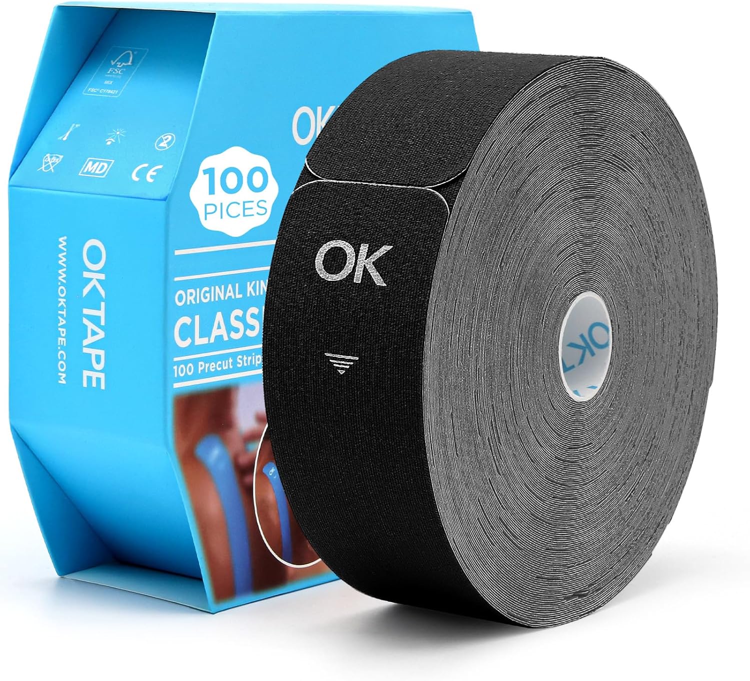 OK Tape Kinesiology Tape Pre-Cut Strips Bulk, Latex-Free Elastic Cotton, 2 in x 10 in

