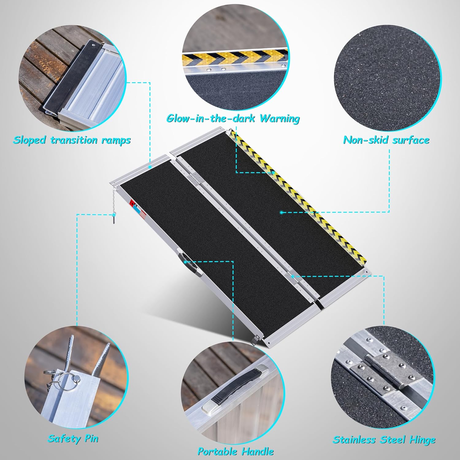 WHALEMOTOR Portable Wheelchair Ramp Anti-Slip Aluminum Folding Ramp with Transition Plates

