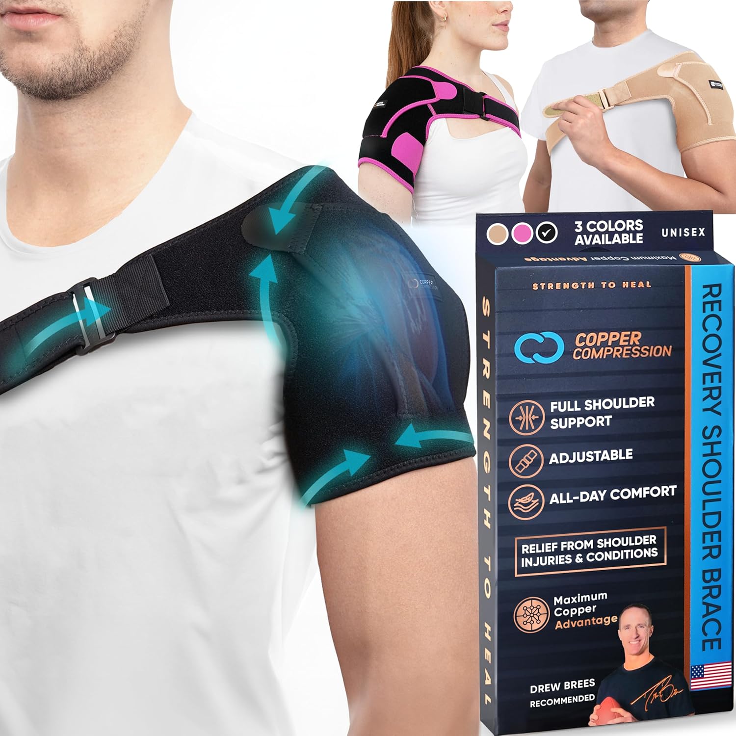 Copper Compression Shoulder Brace Immobilizer for Rotator Cuff Injuries, Adjustable

