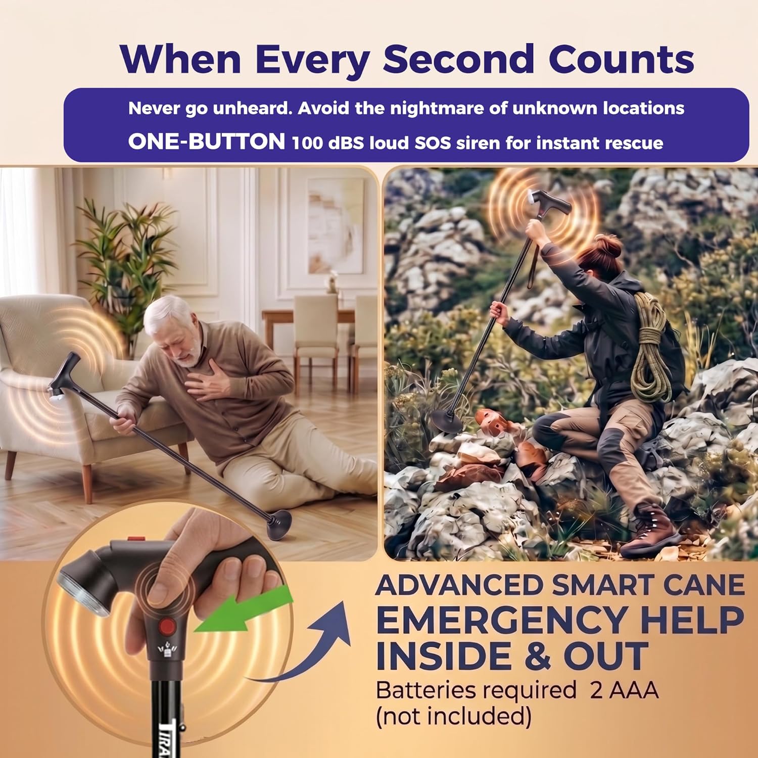TIRAROME 3-in-1 Folding Walking Cane with SOS Alarm and LED Light, Adjustable

