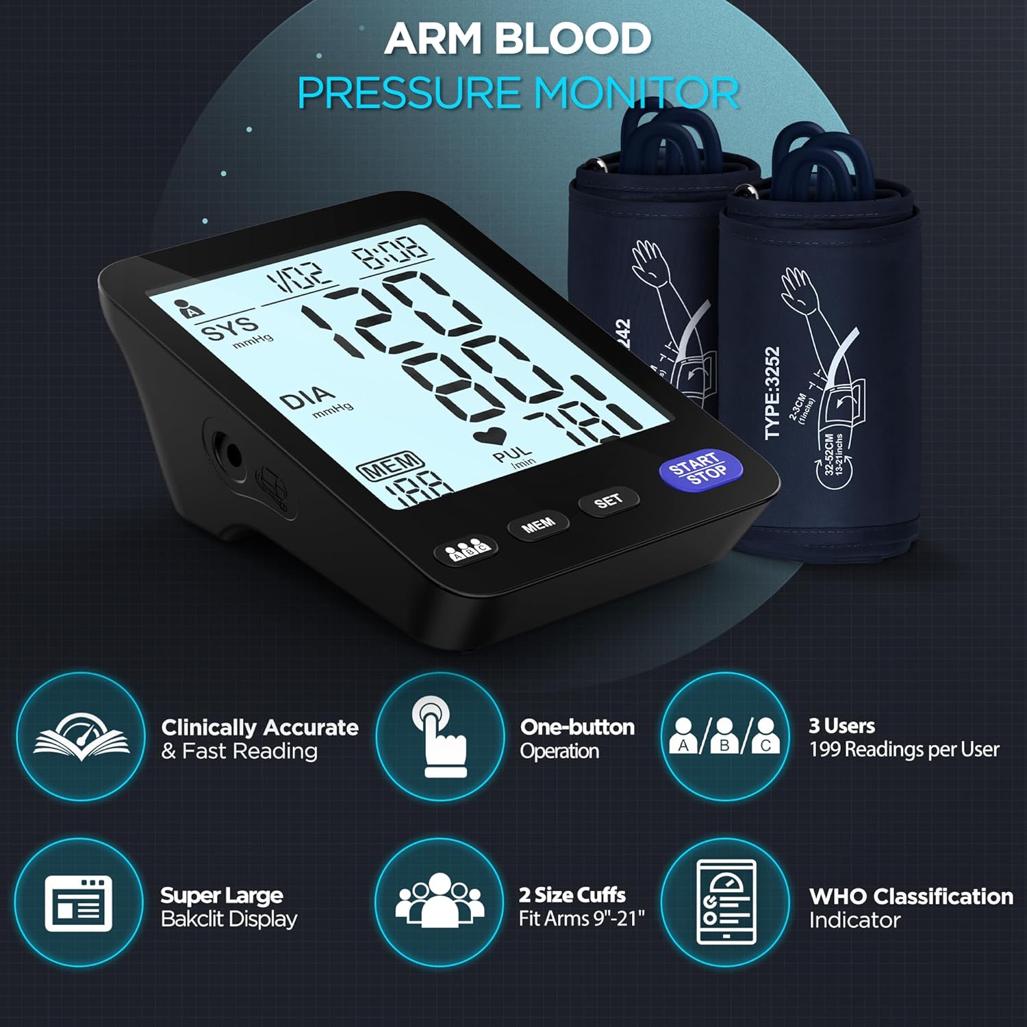 AQESO Upper Arm Blood Pressure Monitor for Home, Digital Automatic, 5-inch LCD

