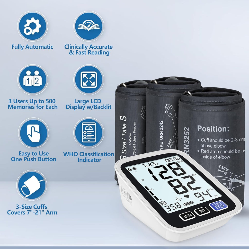 AQESO Upper Arm Blood Pressure Monitor, Automatic Digital BP Kit with 3 Cuffs

