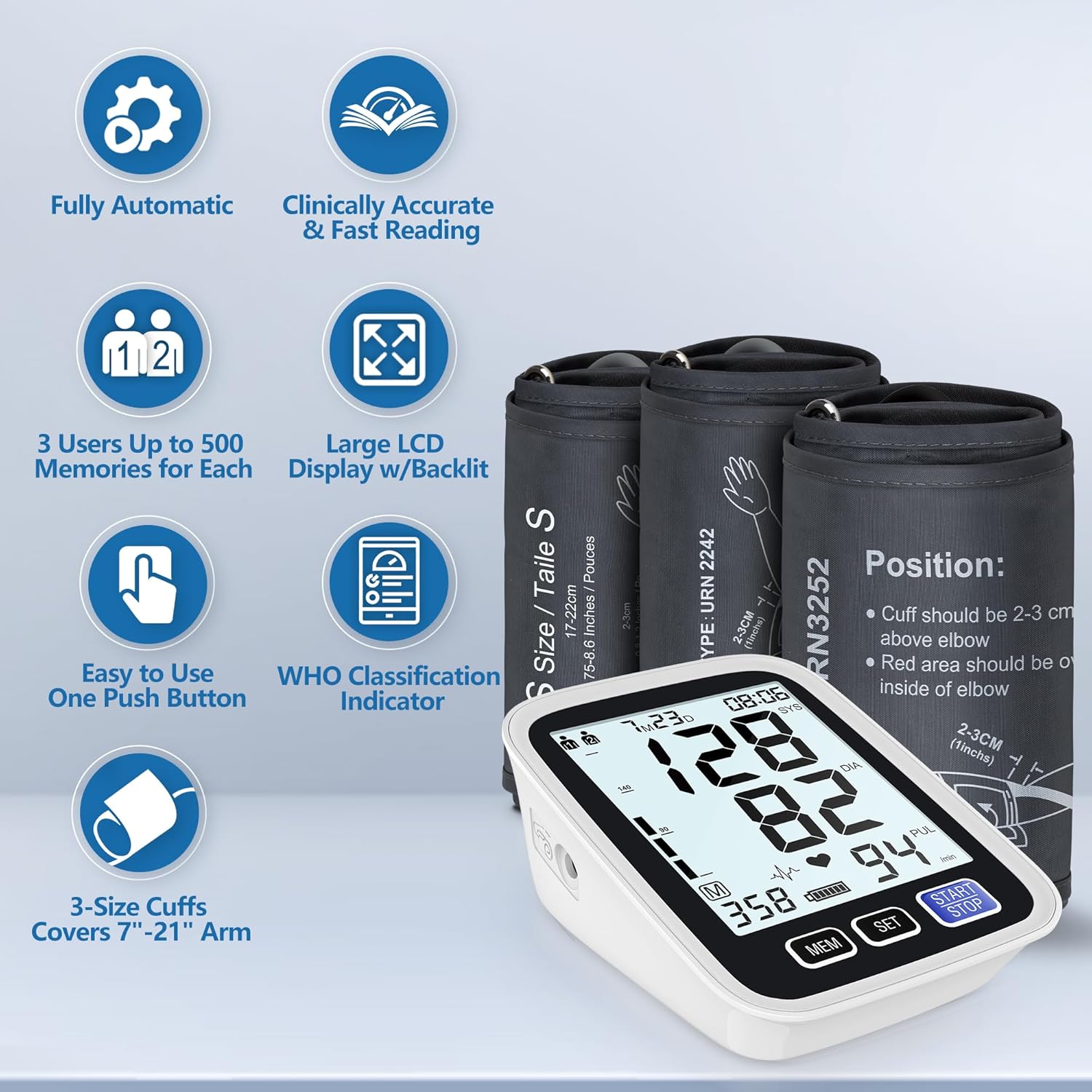AQESO Upper Arm Blood Pressure Monitor, Automatic Digital BP Kit with 3 Cuffs

