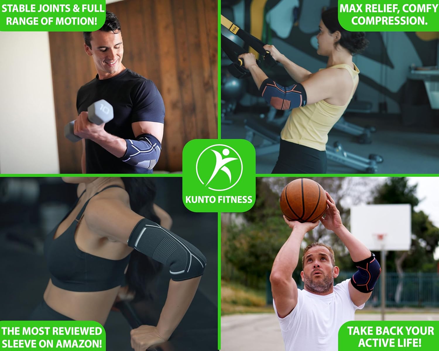 Kunto Fitness Elbow Compression Brace Sleeve for Tendonitis, Tennis Elbow, Pain Relief

