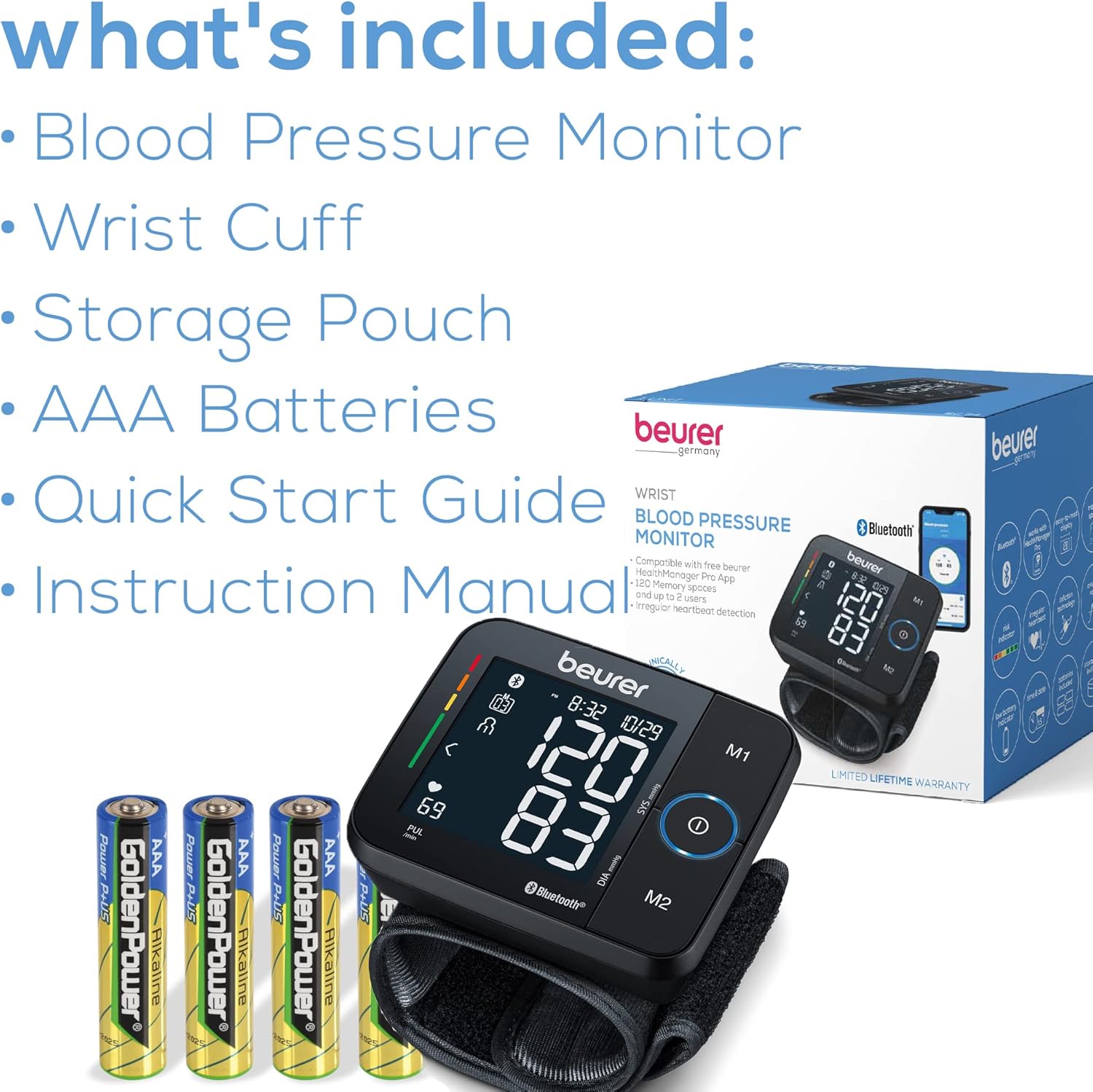 Beurer BC54 Wrist Blood Pressure Monitor with Bluetooth, Irregular Heartbeat, Display

