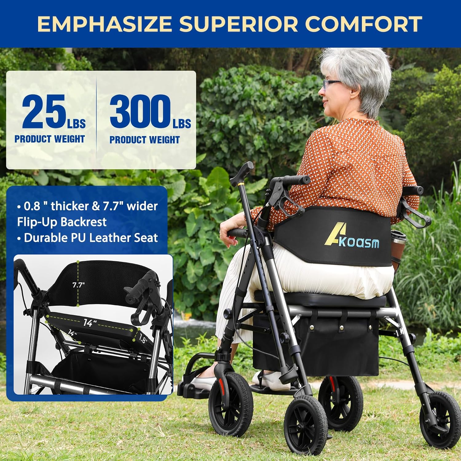 Akoasm Foldable Rollator Walker with Seat, 2-in-1 Wheelchair Combo

