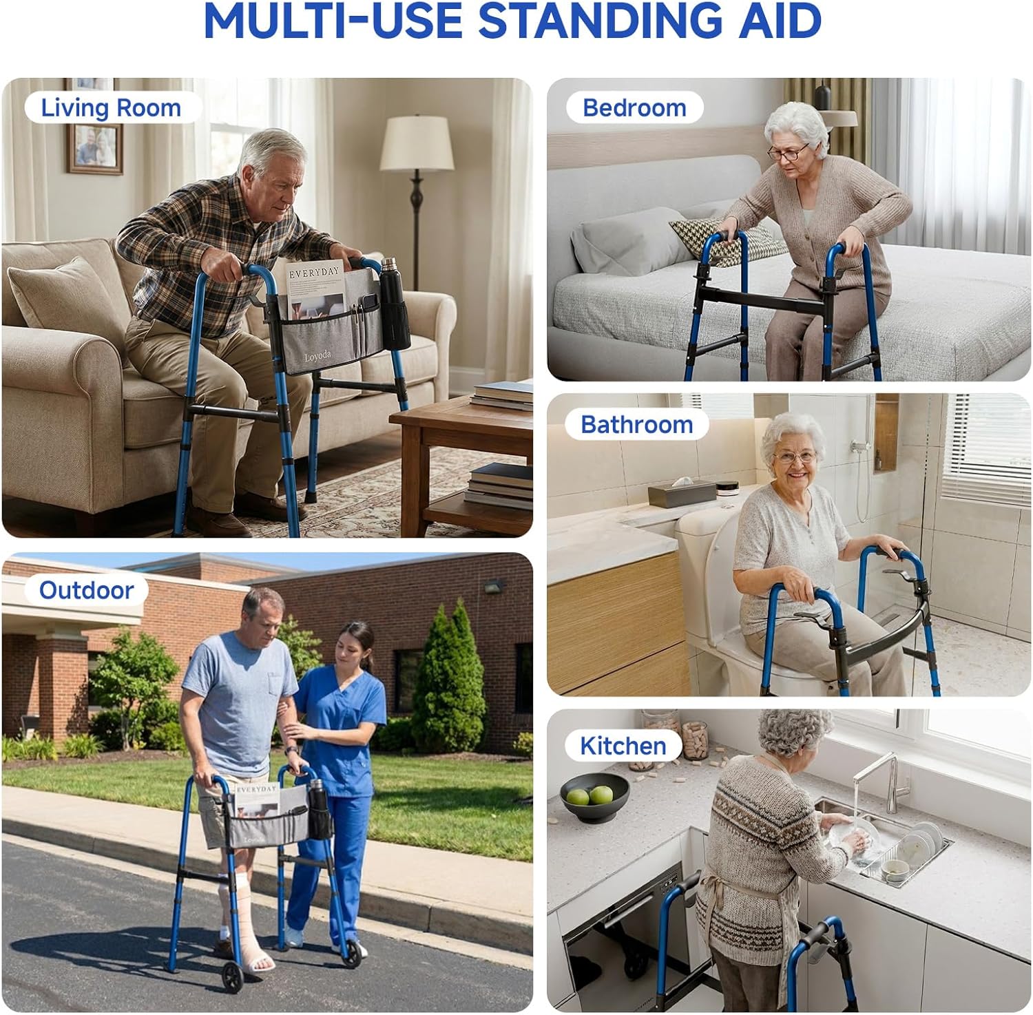 Loyoda Folding Walker with Front Wheels, Storage Bag, Height Adjustable, 350 lb

