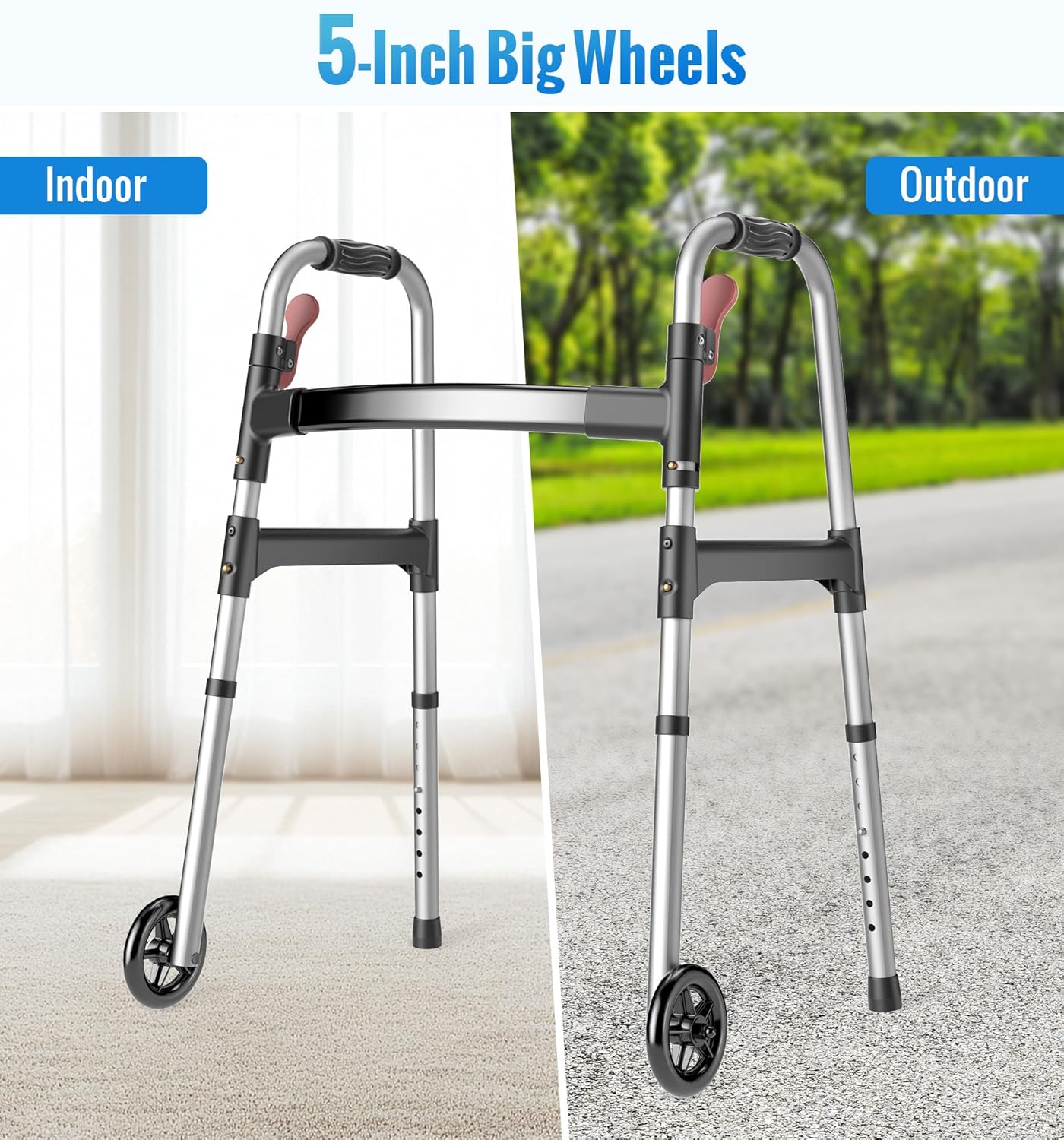 HOMLAND Walkers for Seniors One-Hand Folding Adjustable Height with Wheels

