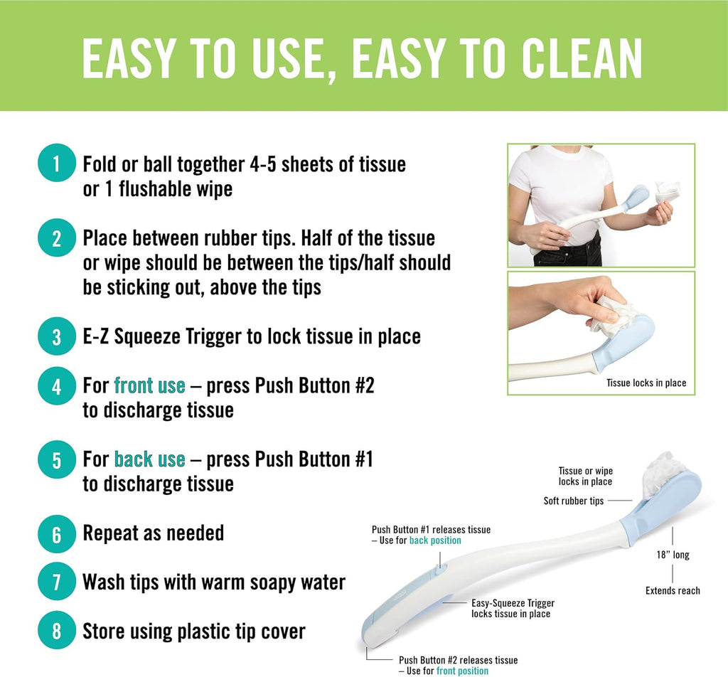 Juvo Personal Wiping Tool with Hygienic Cover, 18-Inch Reach Wand

