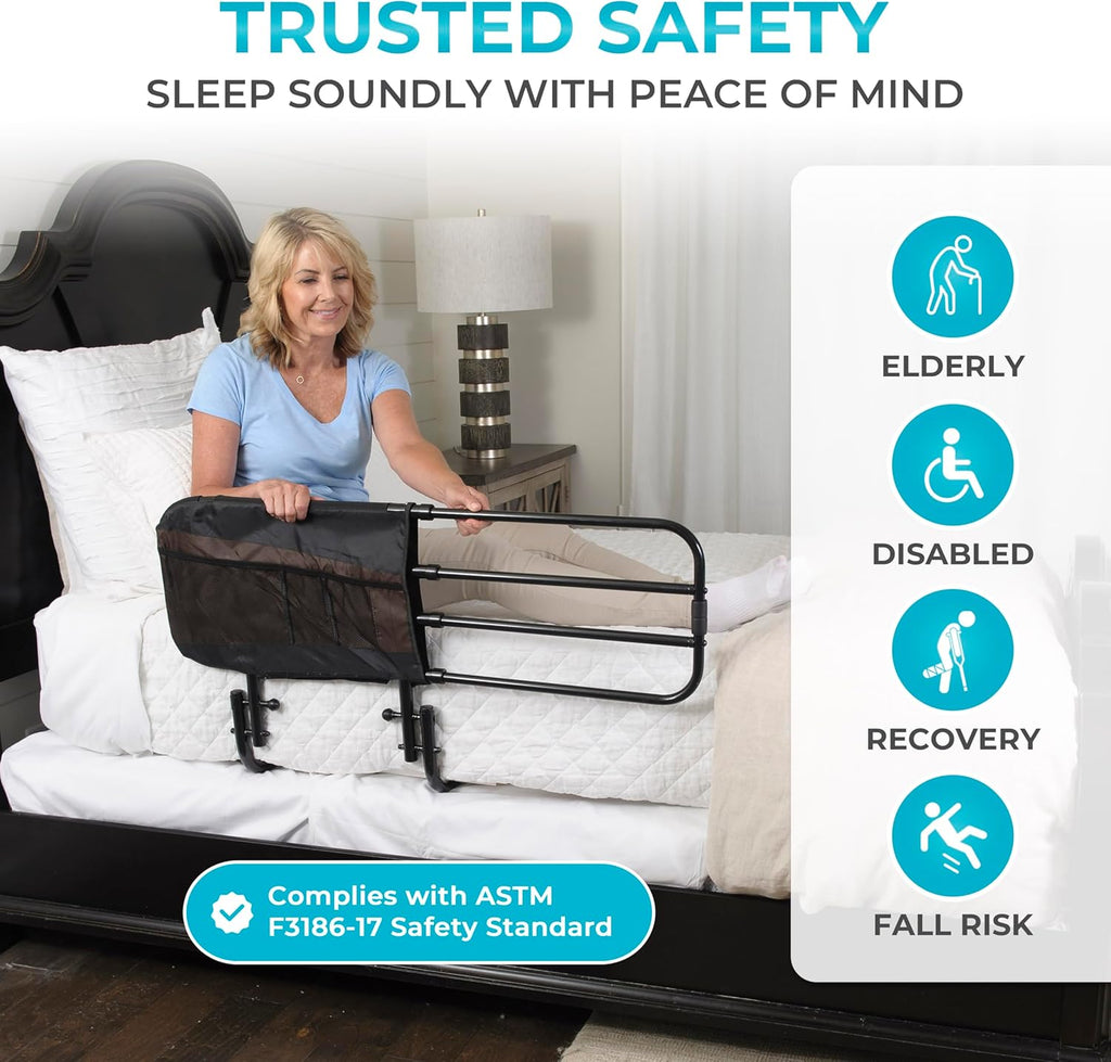 Stander EZ Adjust Bed Rail Adjustable Safety Assist Rail with Organizer Pouch, Black

