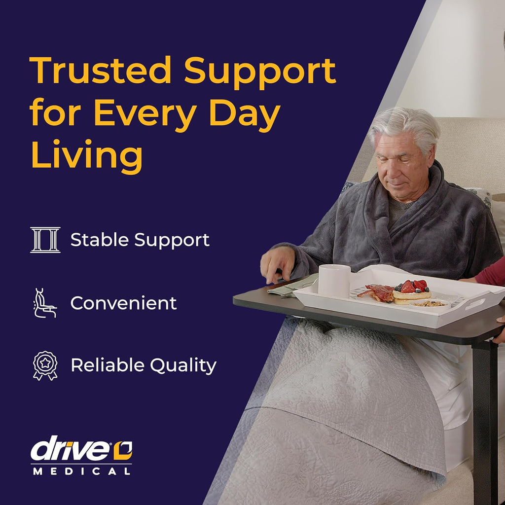 Drive Medical Non-Tilt Overbed Table with Wheels, Height-Adjustable Laminate Top

