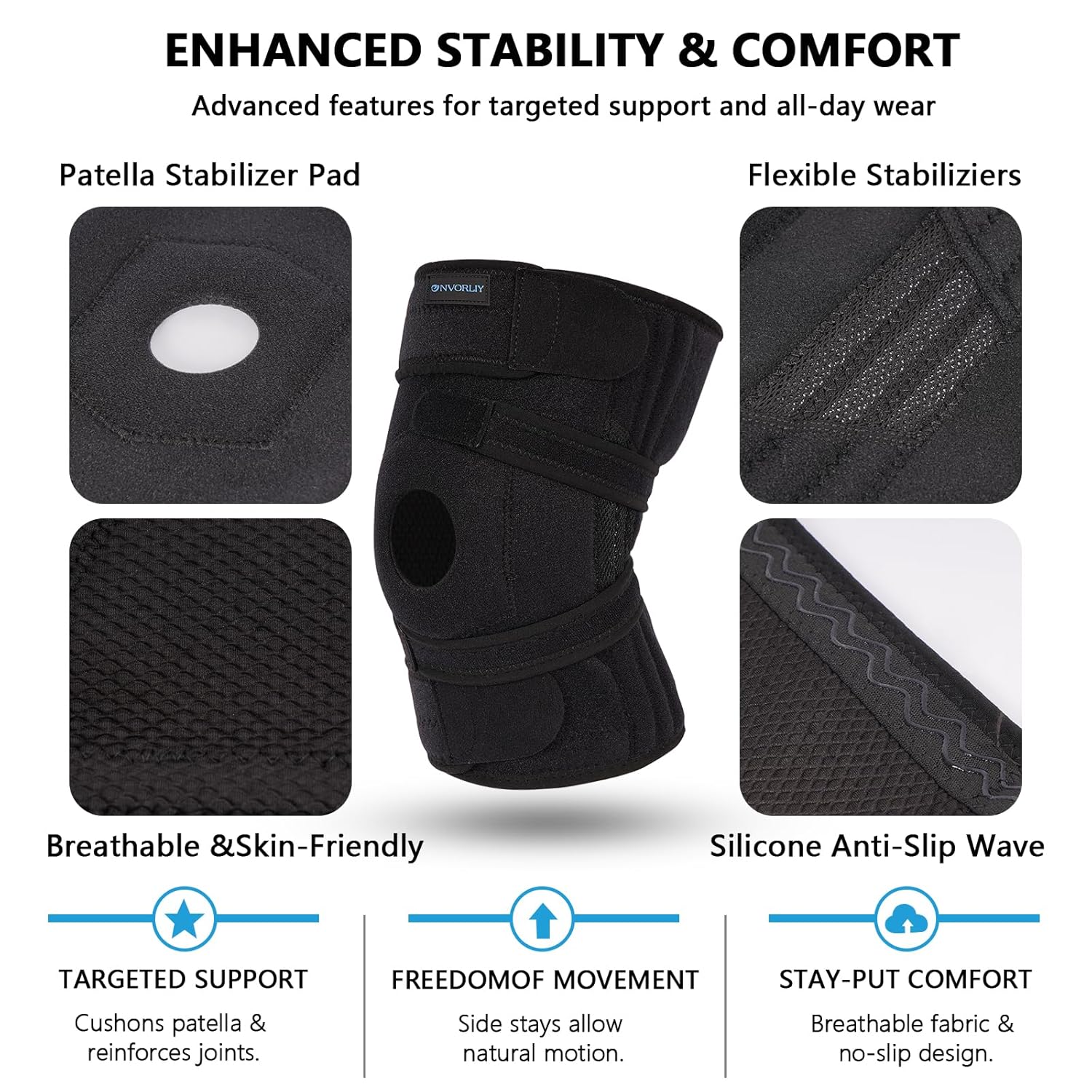 Nvorliy Knee Brace with Adjustable Straps and Side Stabilizers for Arthritis Pain

