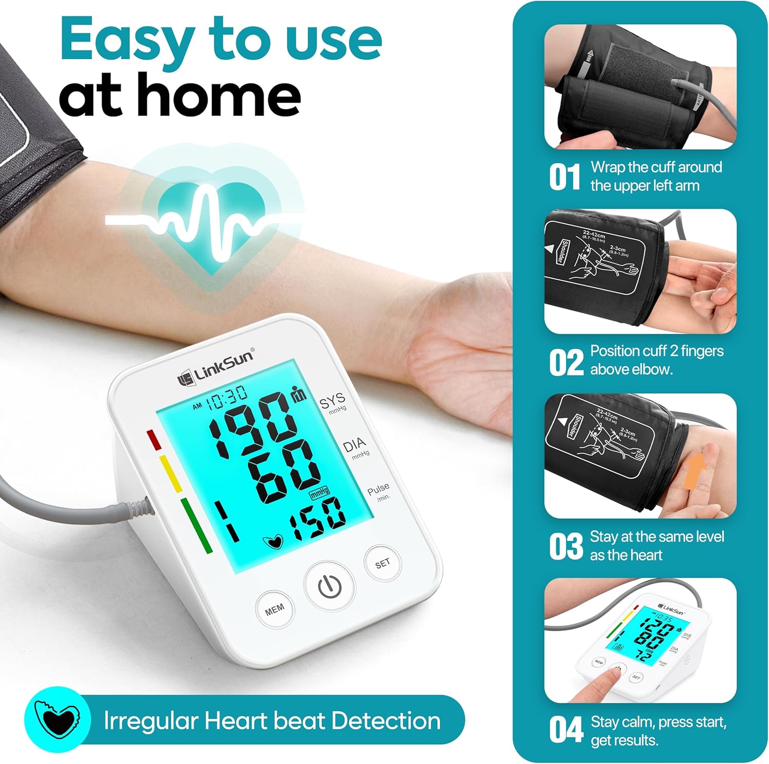 LinkSun Arm Blood Pressure Monitor for Home Use with Large LCD and Adjustable Cuff

