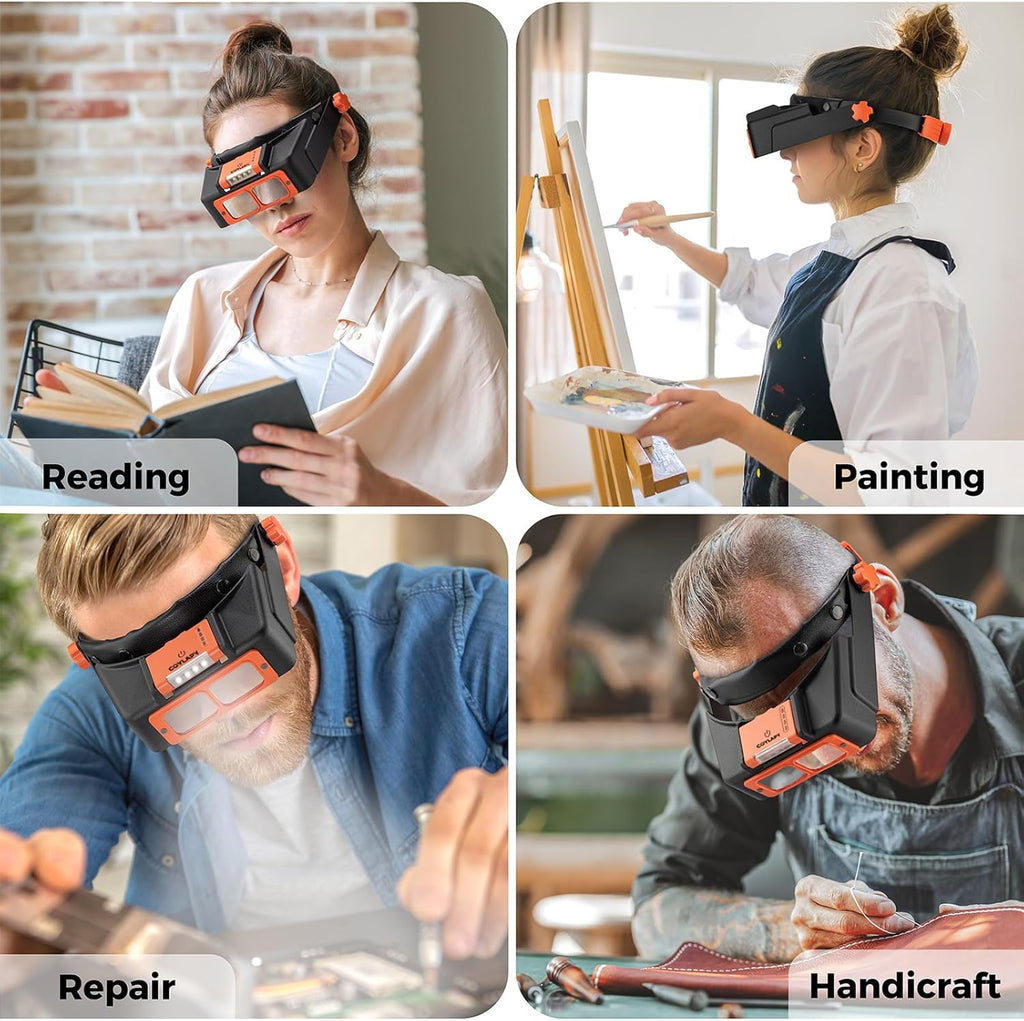 Rechargeable Headband Magnifier with Light, 4-Lens Loupe Visor for Close Work

