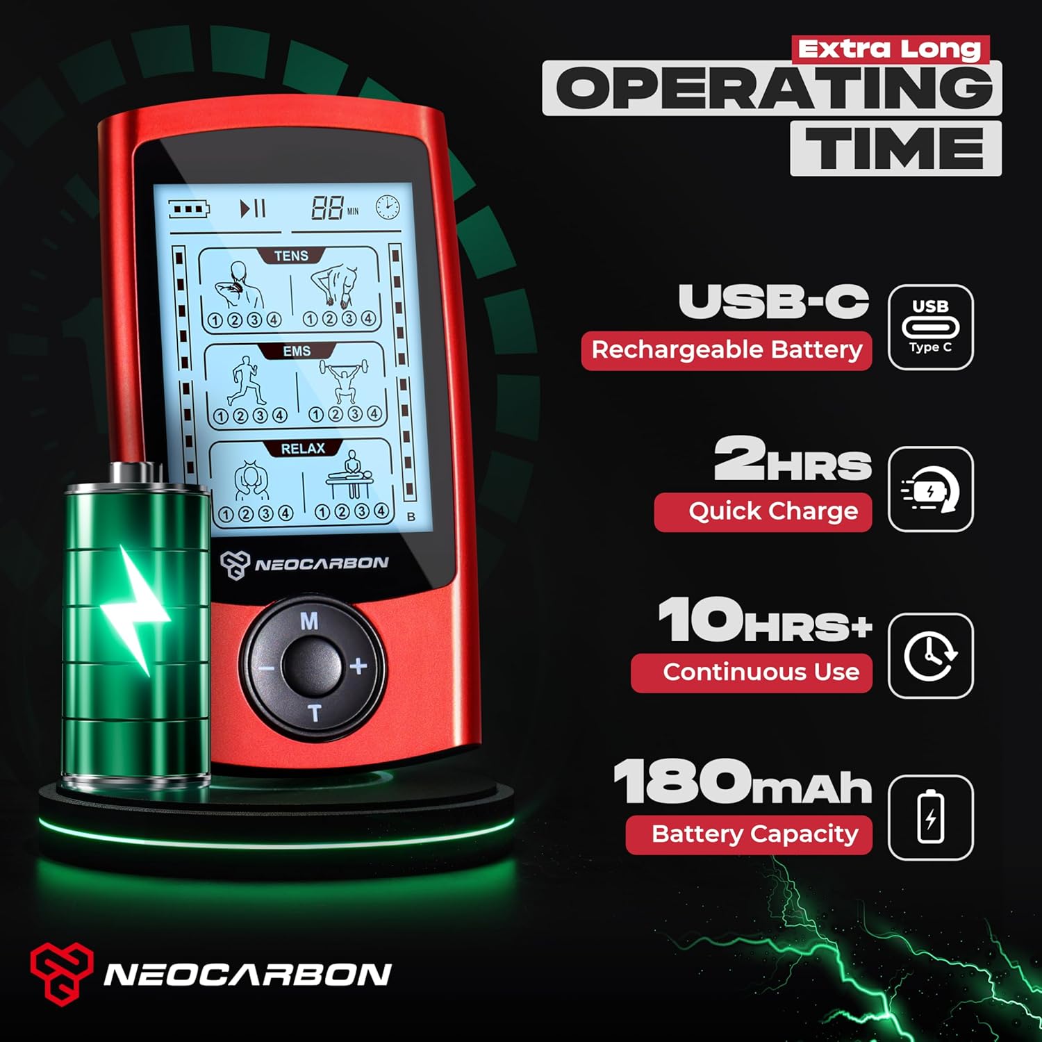 NEOCARBON TENS EMS Muscle Stimulator Device with Electrode Pads, Rechargeable

