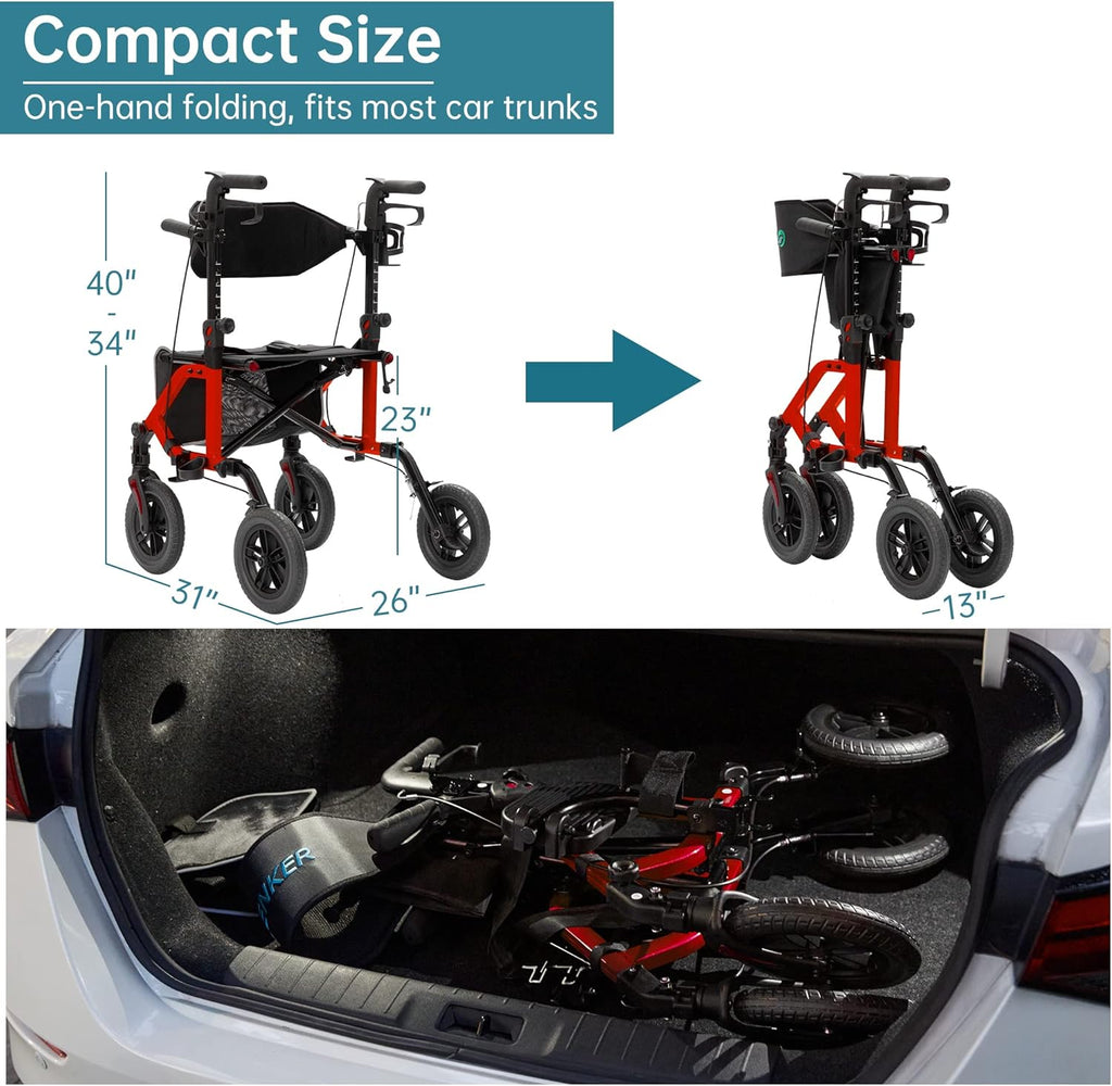 ELENKER 2-in-1 Rollator Walker & Transport Chair, Folding Wheelchair, Non-Pneumatic Wheels

